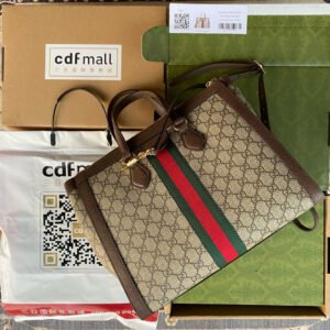 OPHIDIA LARGE 33 CM TOTE BAG IN BEIGE/EBONY GG CANVAS WITH BROWN LEATHER TRIM