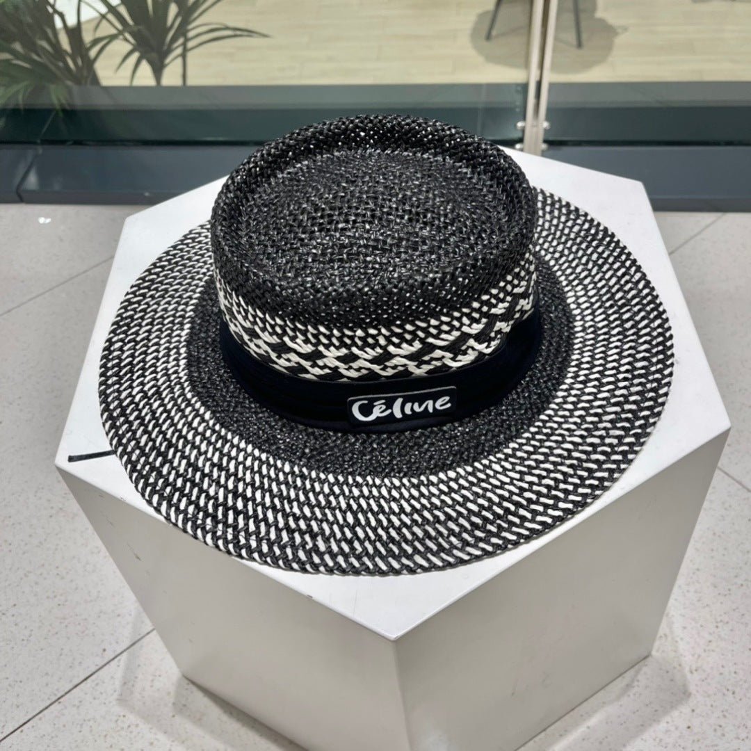 WIDE BRIM HAT MODEL 652048 IN BLACK AND WHITE WOVEN STRAW - Image 5