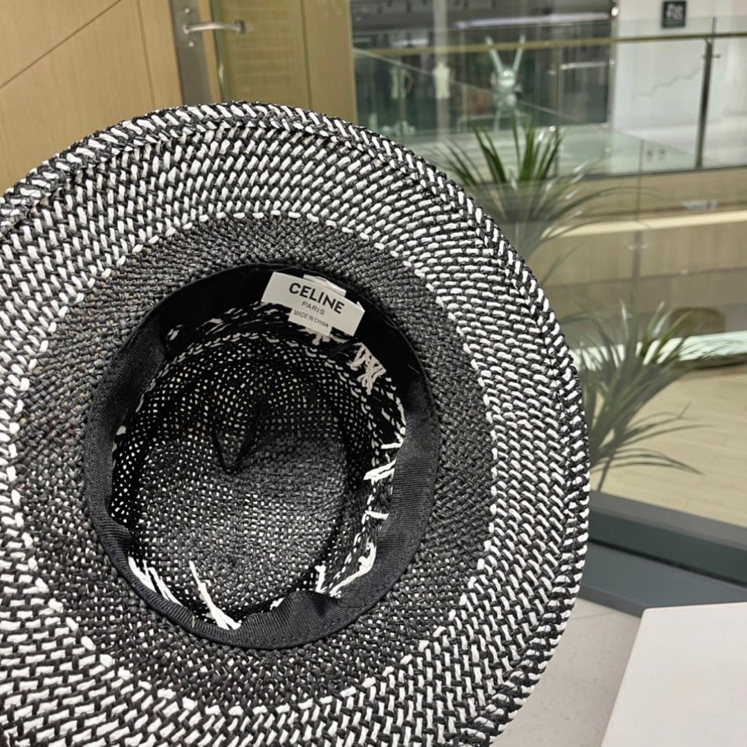 WIDE BRIM HAT MODEL 652048 IN BLACK AND WHITE WOVEN STRAW - Image 8