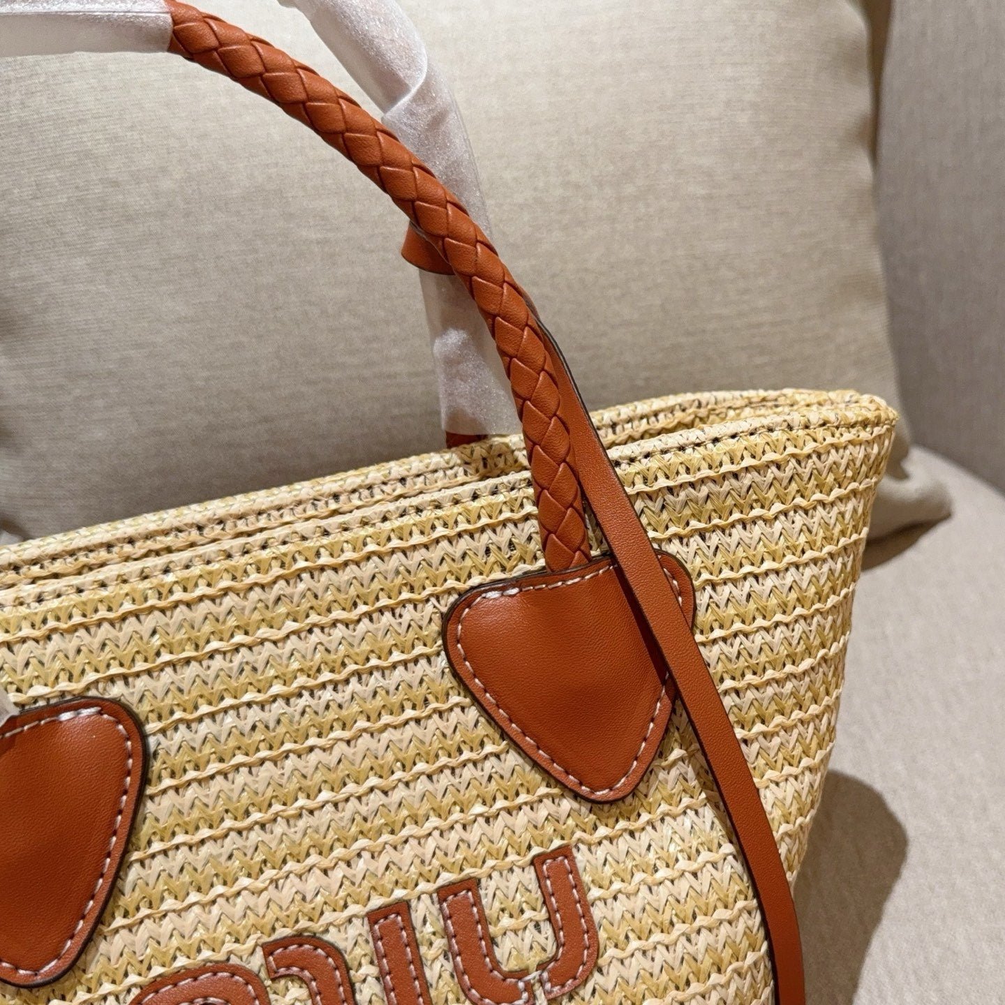 PALMETTO TOTE BAG 18 IN BEIGE WOVEN RAFFIA BROWN CALFSKIN TRIM - Image 7
