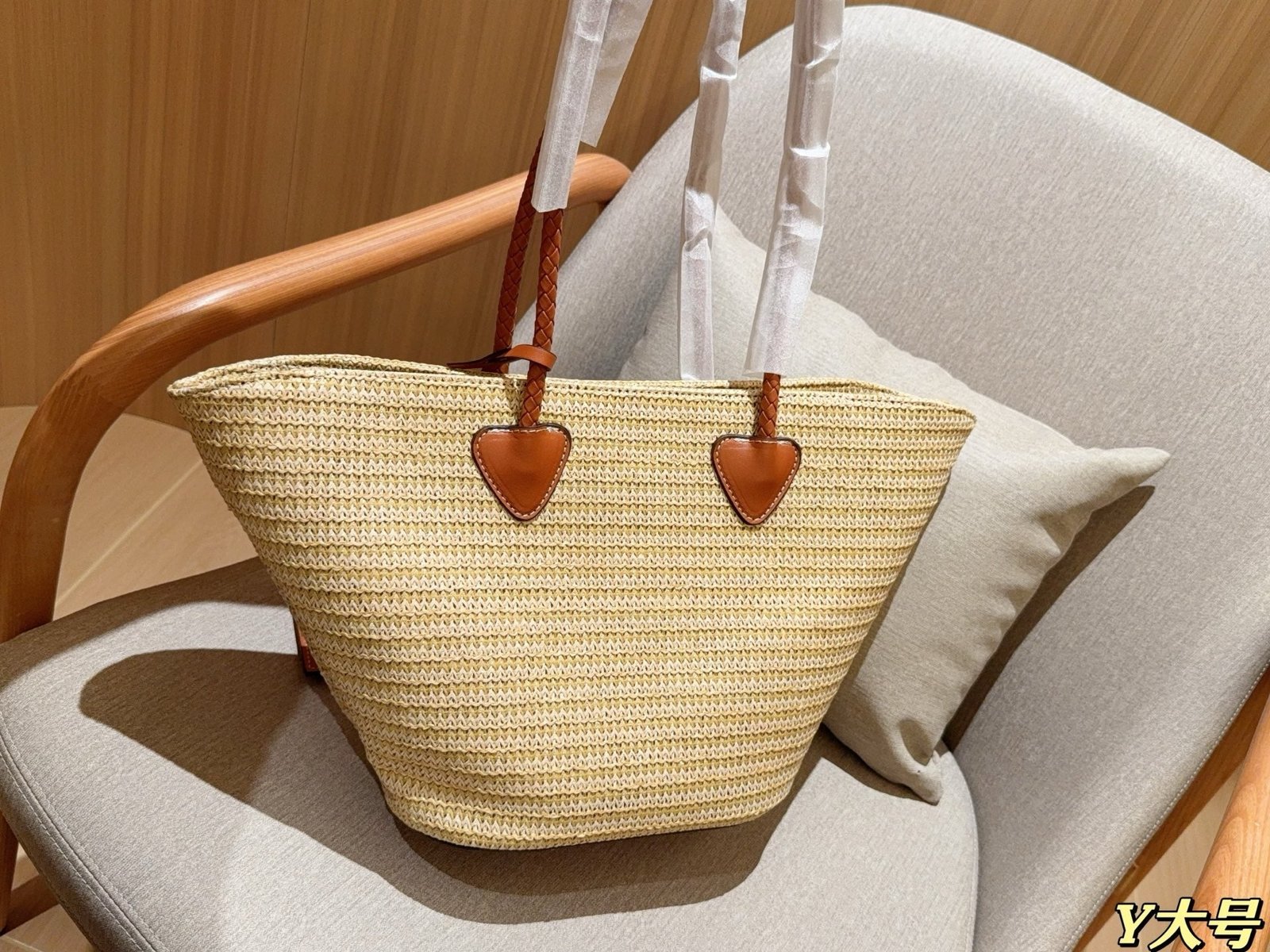 PALMETTO TOTE BAG 25 IN BEIGE WOVEN RAFFIA BROWN CALFSKIN TRIM - Image 7