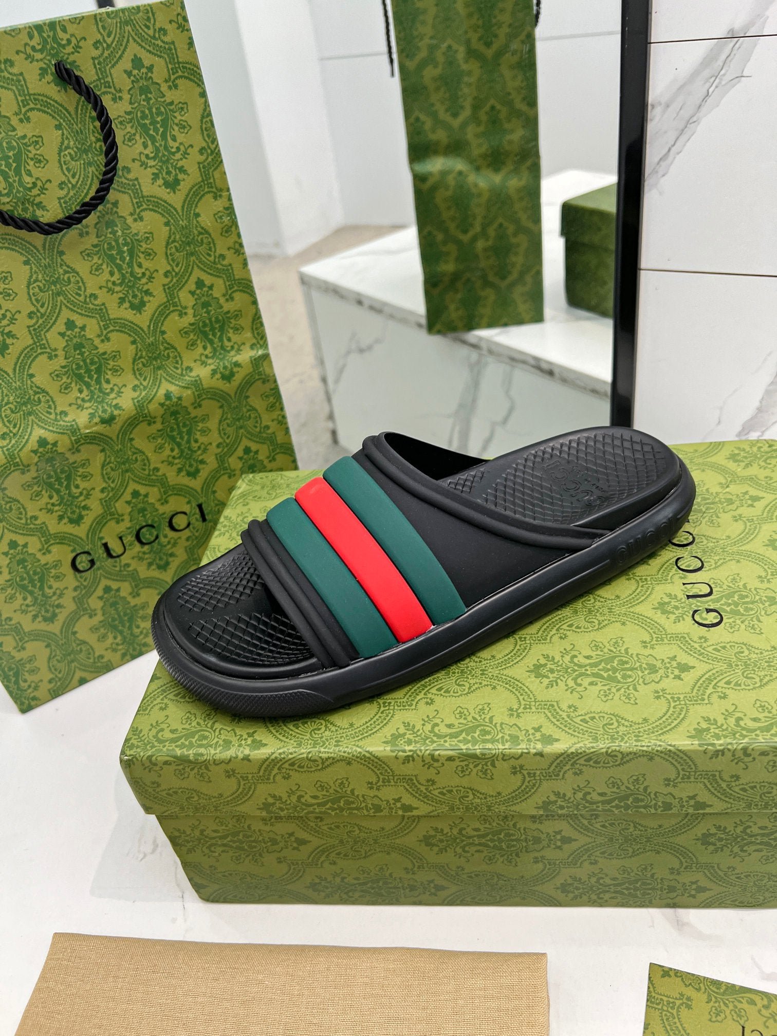 PLATFORM SLIPPERS IN BLACK MIX GREEN AND RED IMPORTED TPU - Image 6