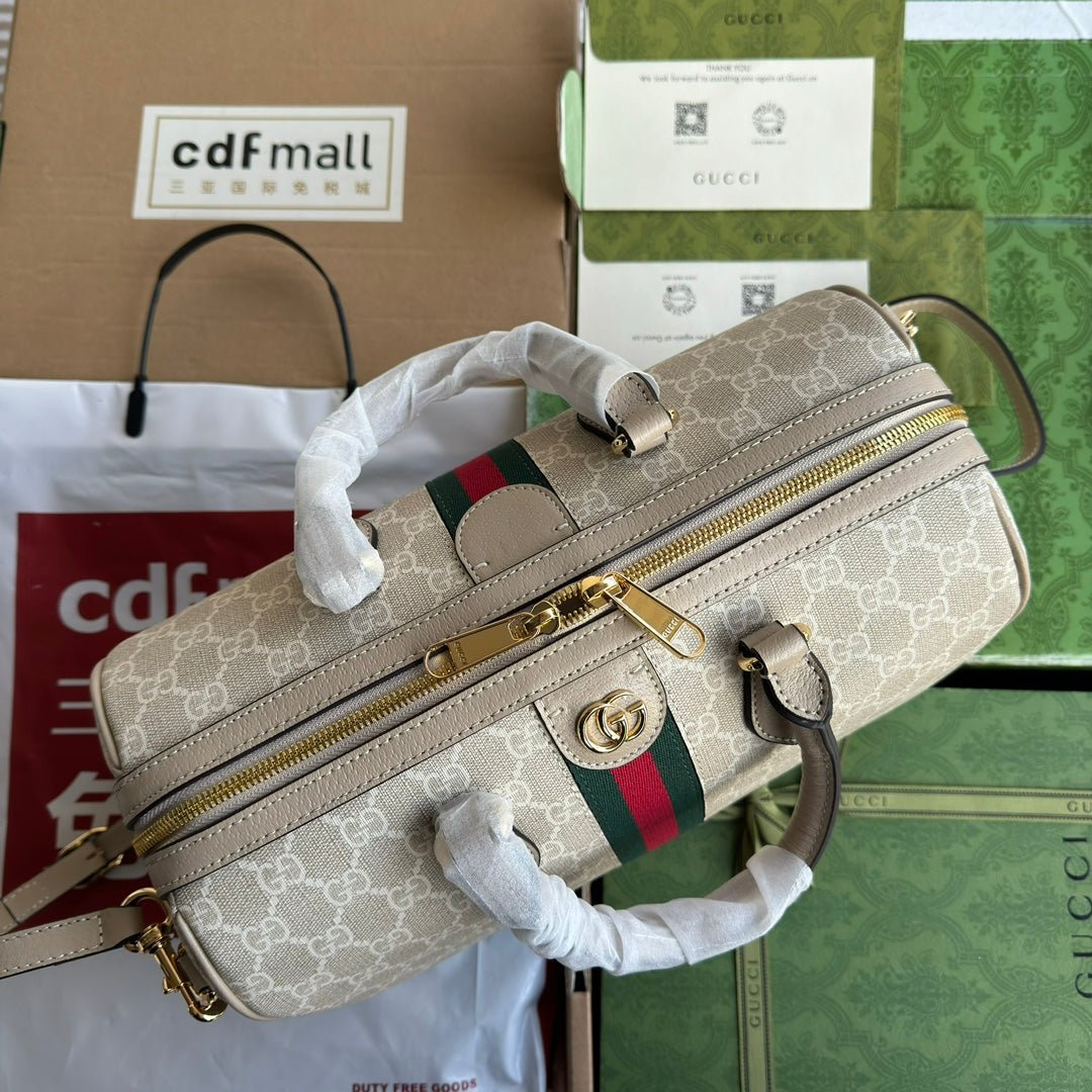 OPHIDIA MEDIUM TOP HANDLE BAG 31 IN BEIGE WHITE CANVAS AND OAT CALFSKIN TRIM GOLD HARDWARE - Image 5