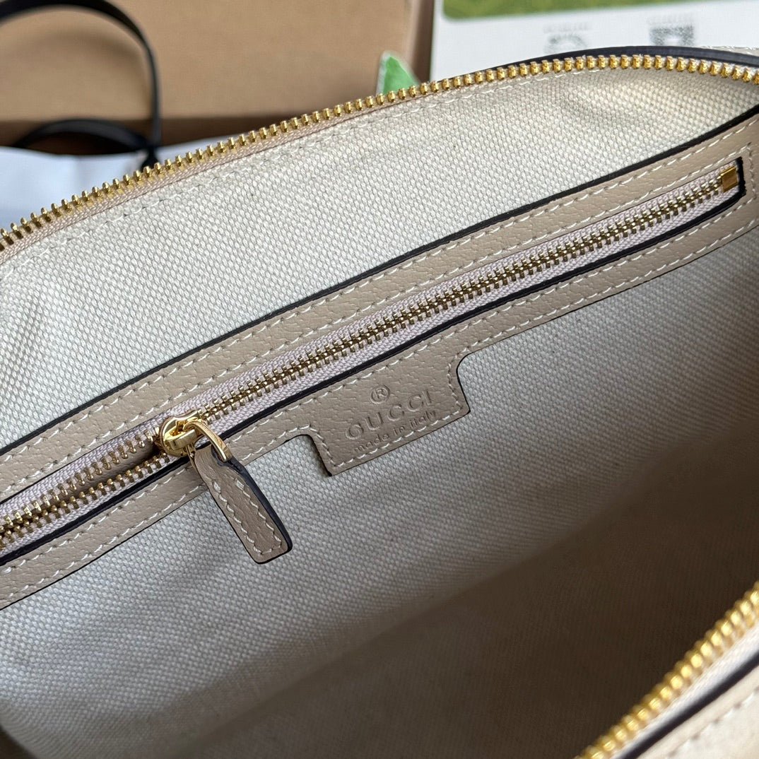 OPHIDIA MEDIUM TOP HANDLE BAG 31 IN BEIGE WHITE CANVAS AND OAT CALFSKIN TRIM GOLD HARDWARE - Image 6
