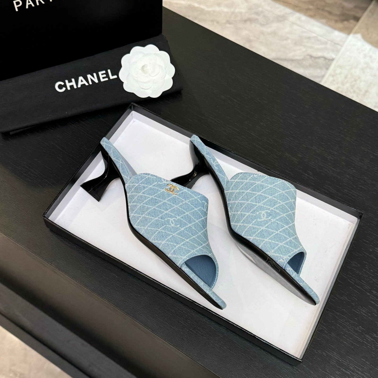 PEEP TOE MULE 55MM IN SKY BLUE DENIM CHECKERED AND LOGO - Image 3