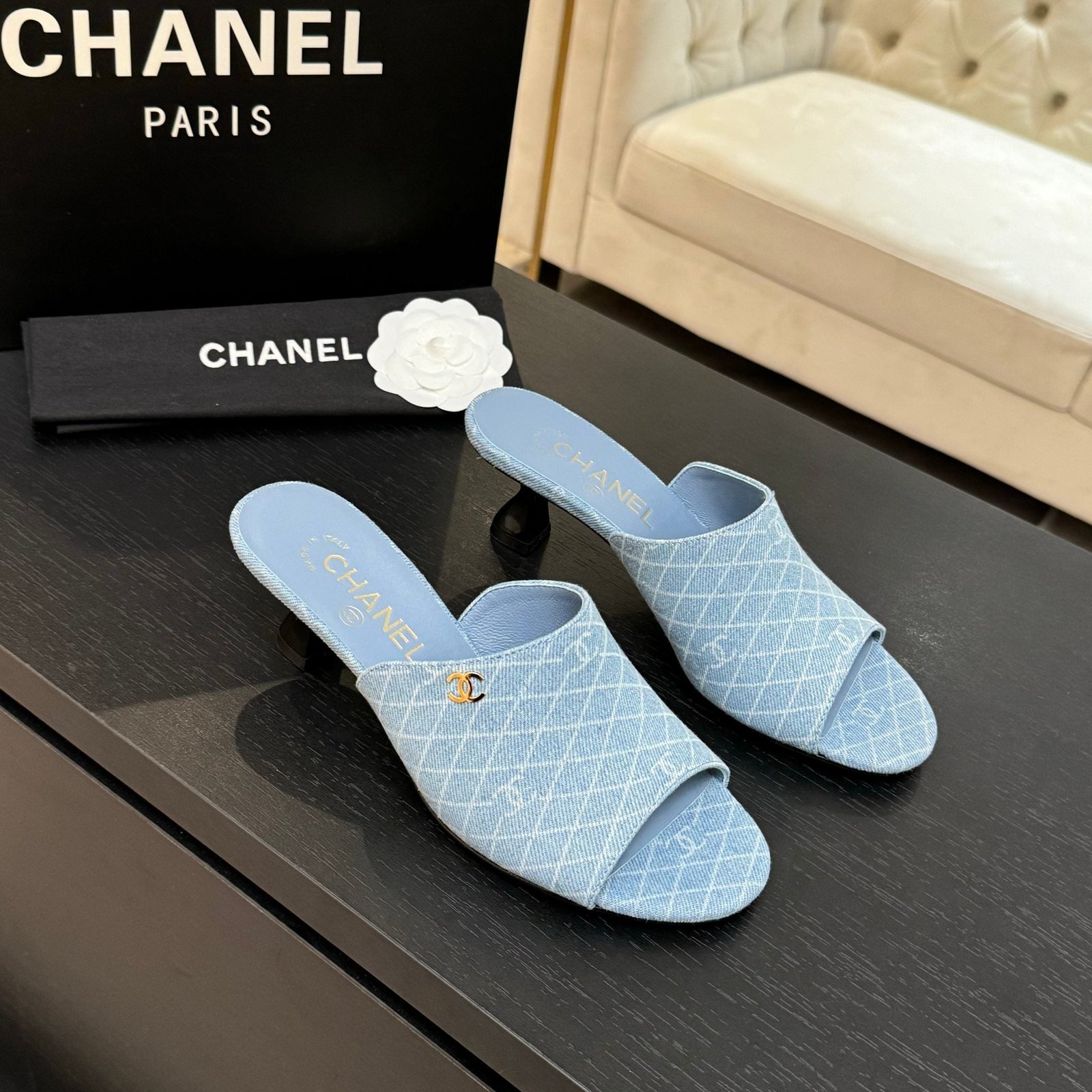 PEEP TOE MULE 55MM IN SKY BLUE DENIM CHECKERED AND LOGO - Image 2