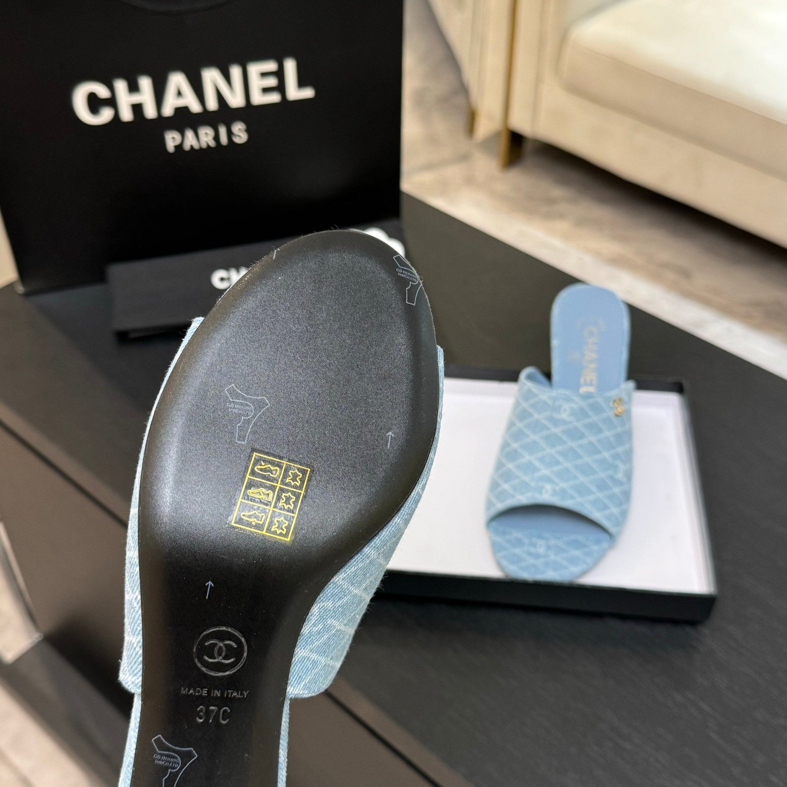 PEEP TOE MULE 55MM IN SKY BLUE DENIM CHECKERED AND LOGO - Image 7