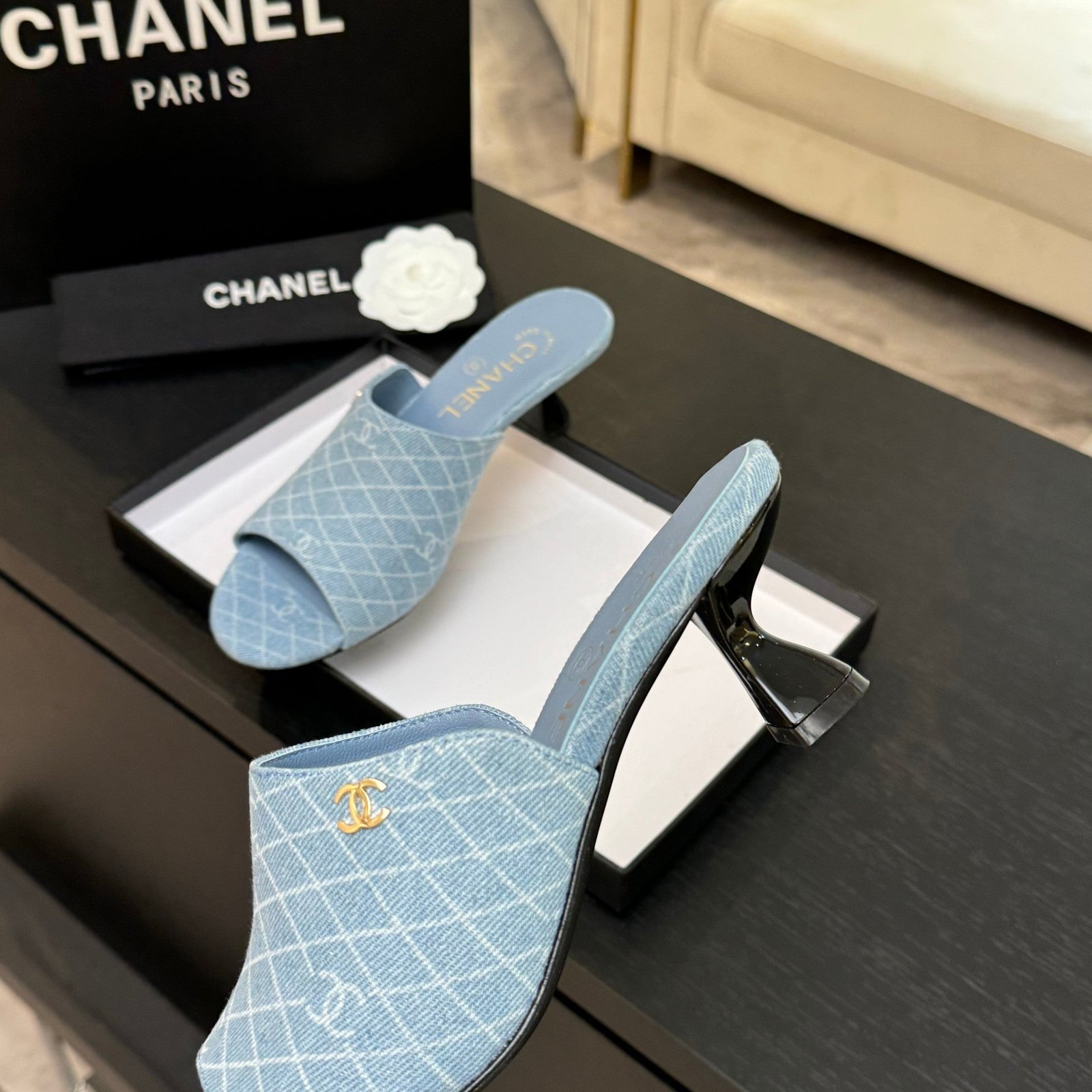 PEEP TOE MULE 55MM IN SKY BLUE DENIM CHECKERED AND LOGO - Image 8
