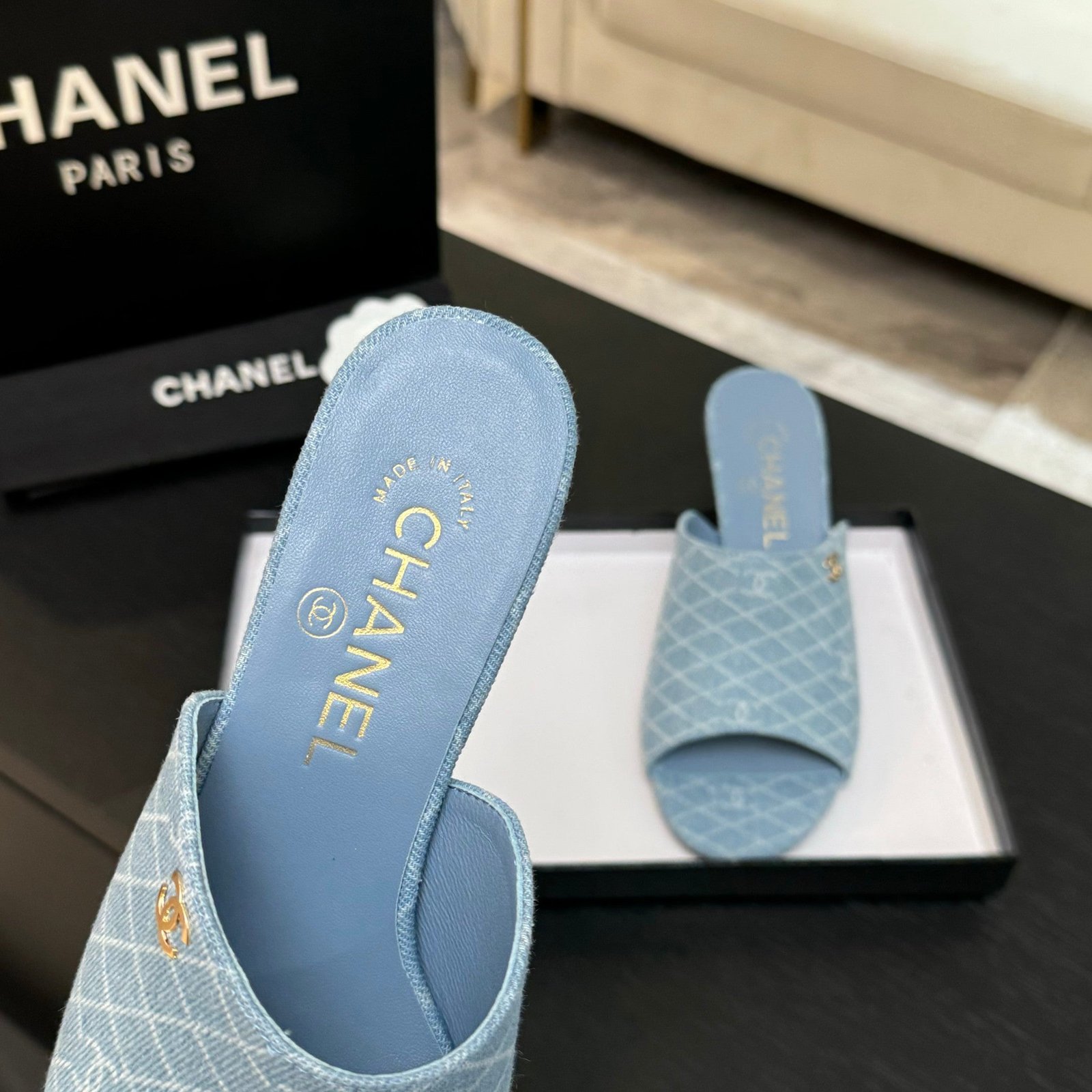 PEEP TOE MULE 55MM IN SKY BLUE DENIM CHECKERED AND LOGO - Image 9