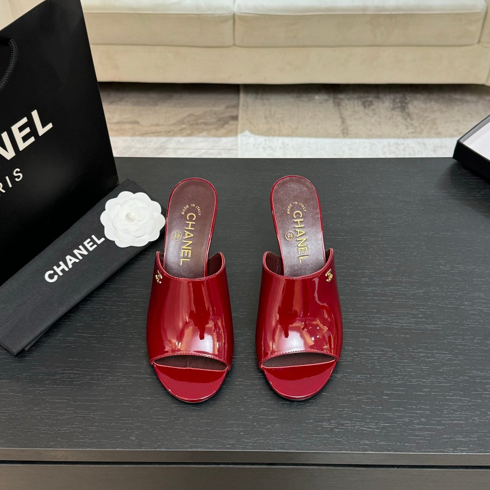 PEEP TOE MULE 85MM IN WINE RED PATENT CALFSKIN - Image 6