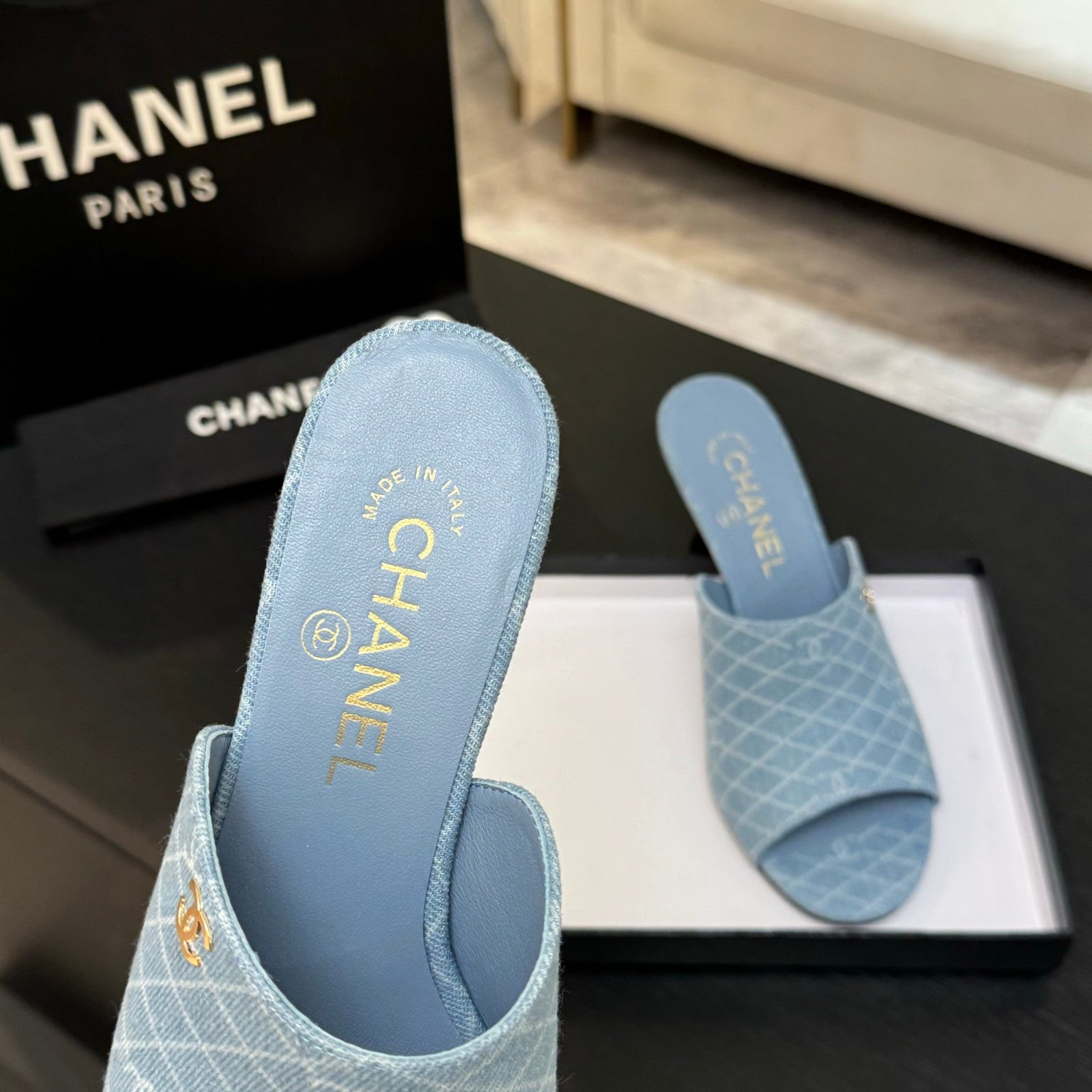 PEEP TOE MULE 85MM IN SKY BLUE DENIM CHECKERED AND LOGO - Image 2