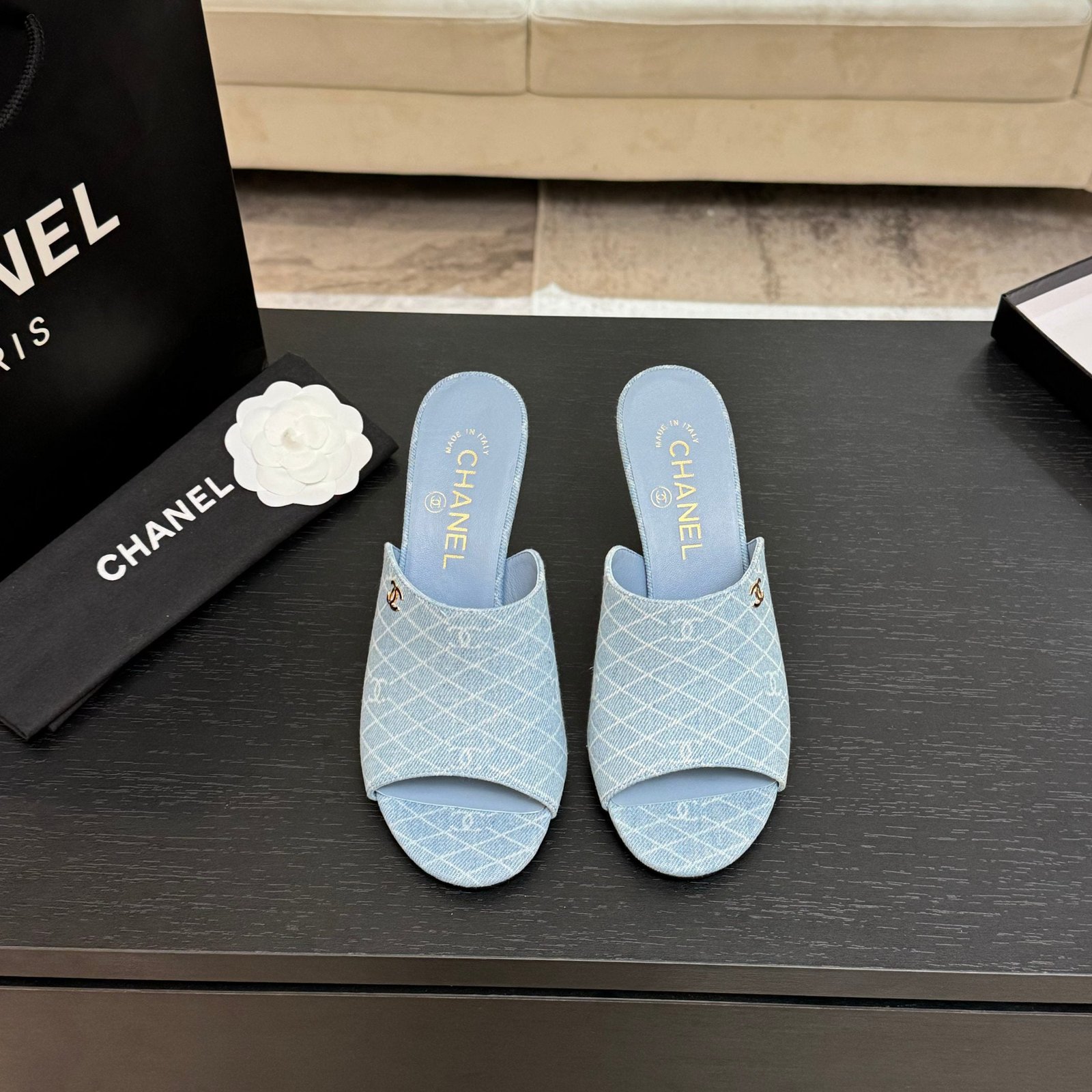 PEEP TOE MULE 85MM IN SKY BLUE DENIM CHECKERED AND LOGO - Image 3