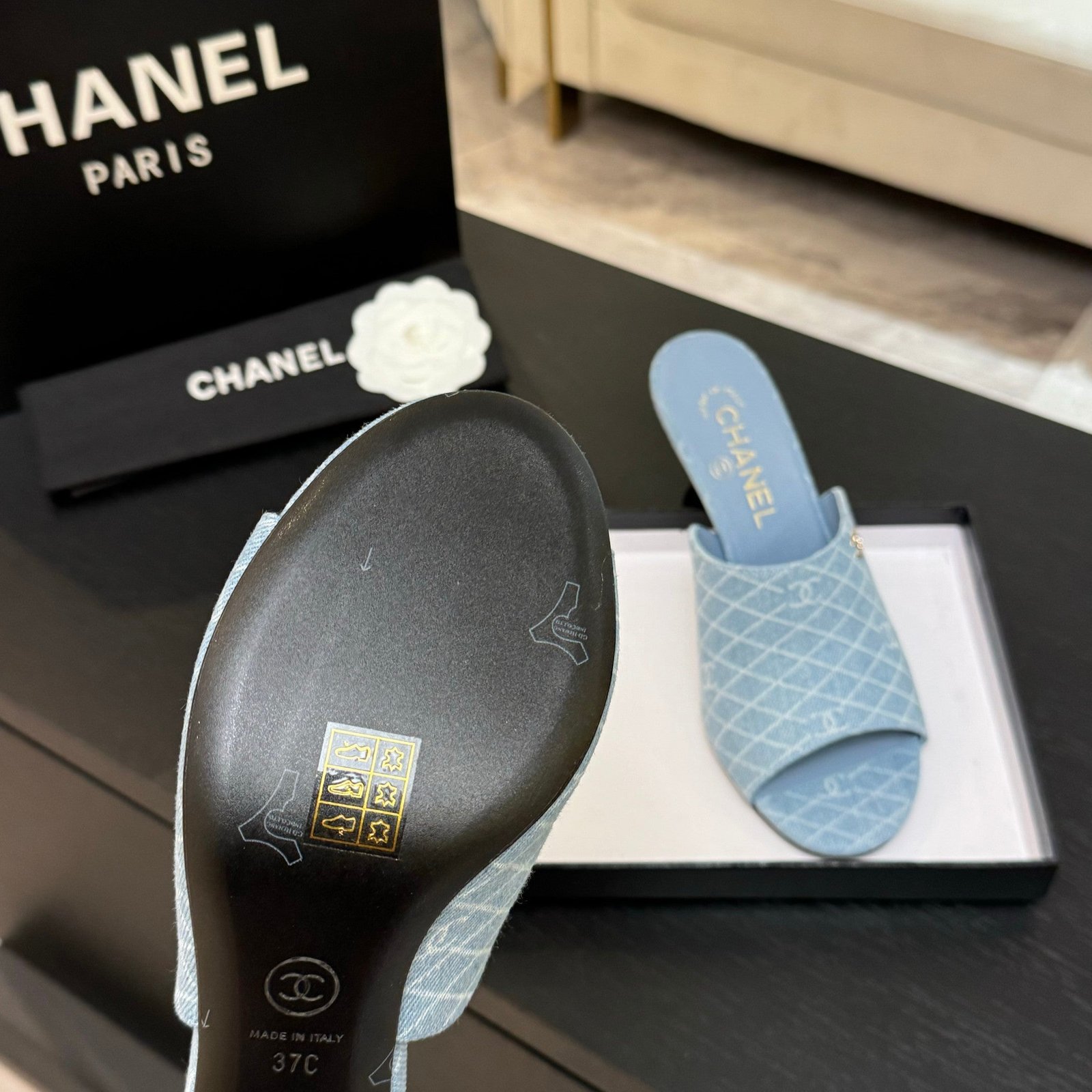 PEEP TOE MULE 85MM IN SKY BLUE DENIM CHECKERED AND LOGO - Image 4