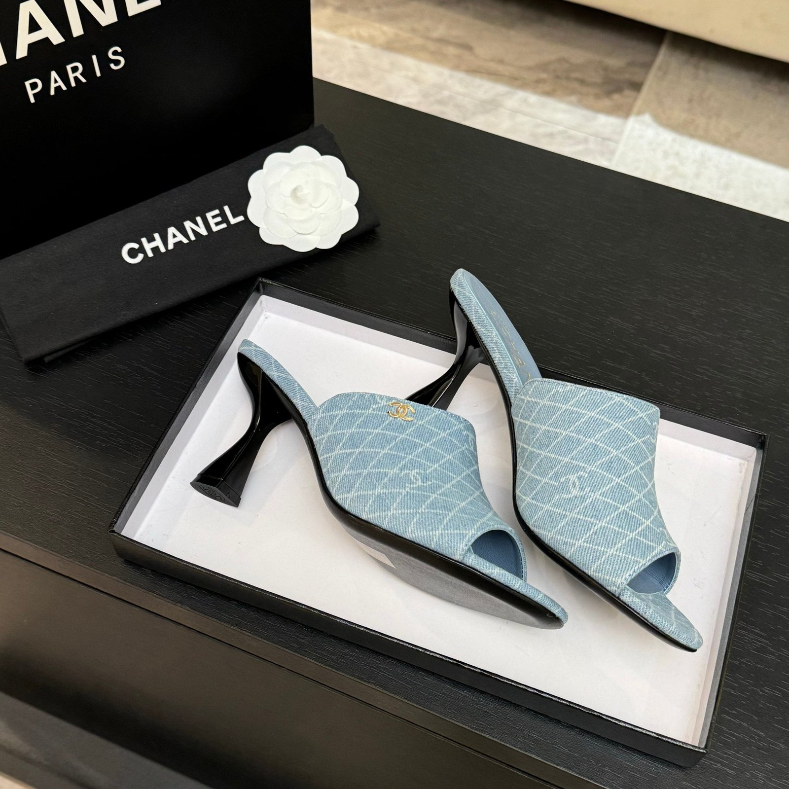 PEEP TOE MULE 85MM IN SKY BLUE DENIM CHECKERED AND LOGO - Image 5