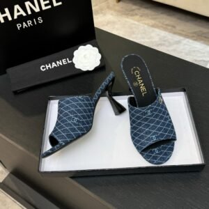 PEEP TOE MULE 85MM IN BLUE DENIM CHECKERED AND LOGO