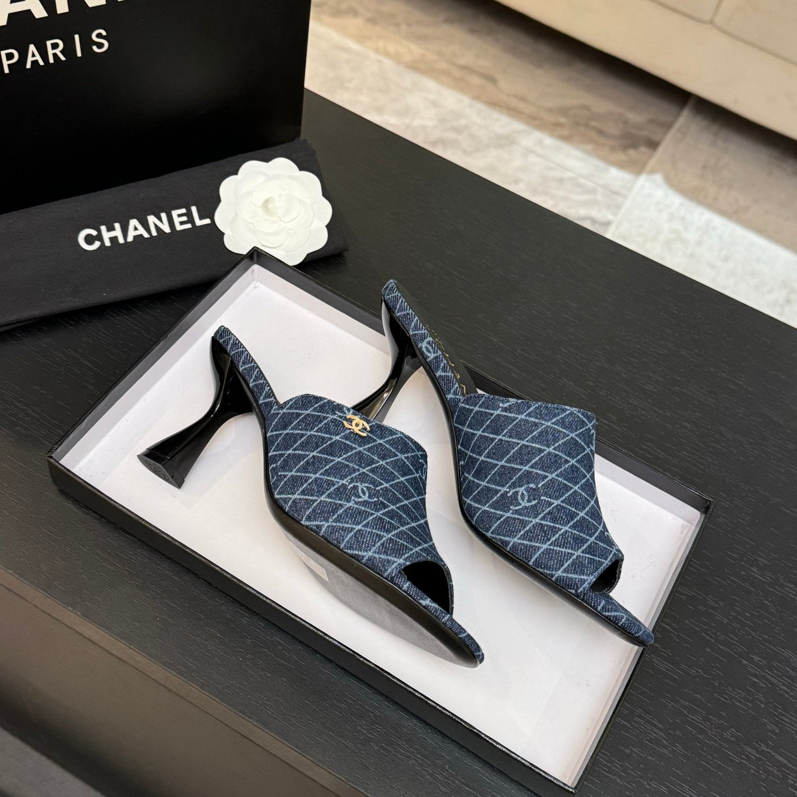 PEEP TOE MULE 85MM IN BLUE DENIM CHECKERED AND LOGO - Image 4
