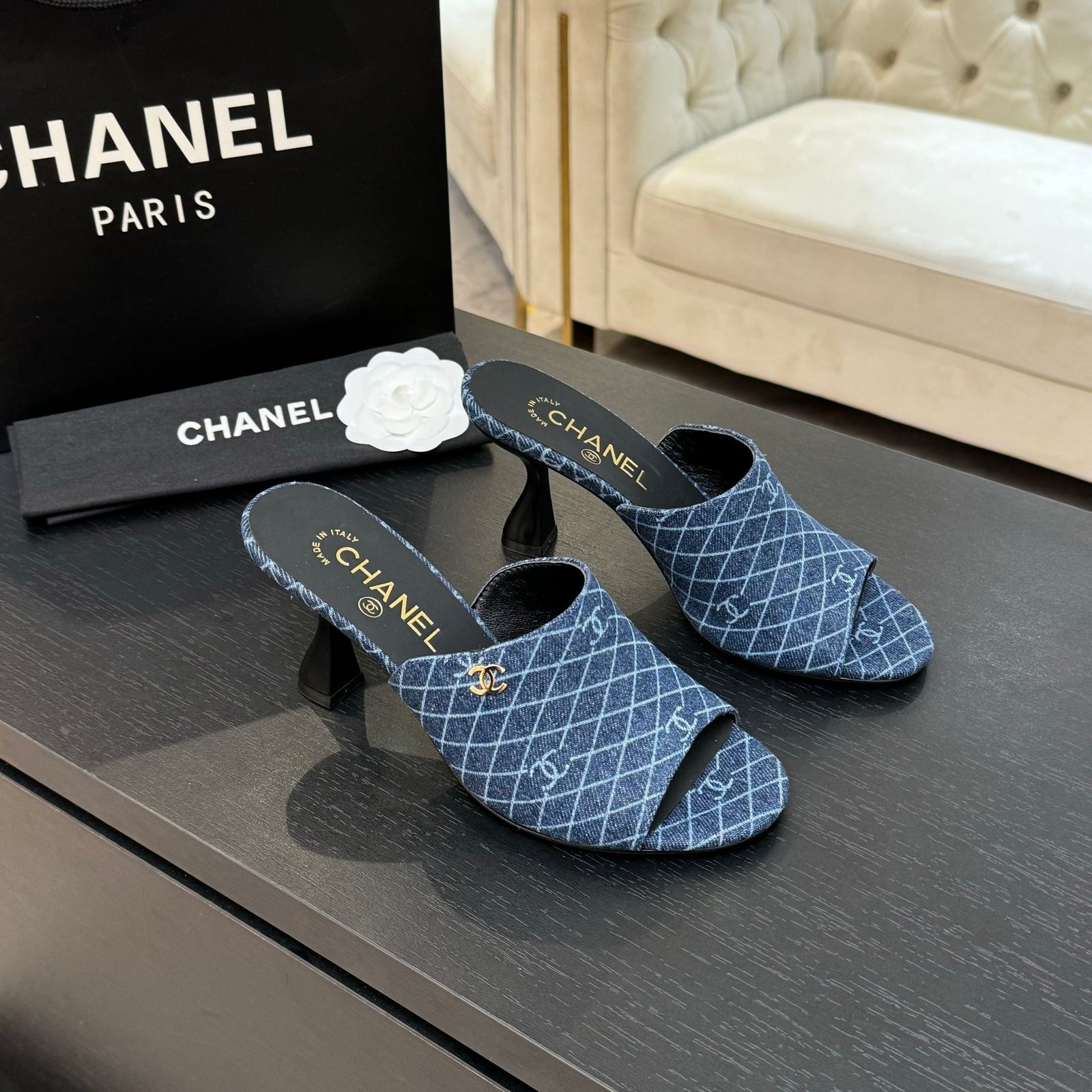 PEEP TOE MULE 85MM IN BLUE DENIM CHECKERED AND LOGO - Image 5