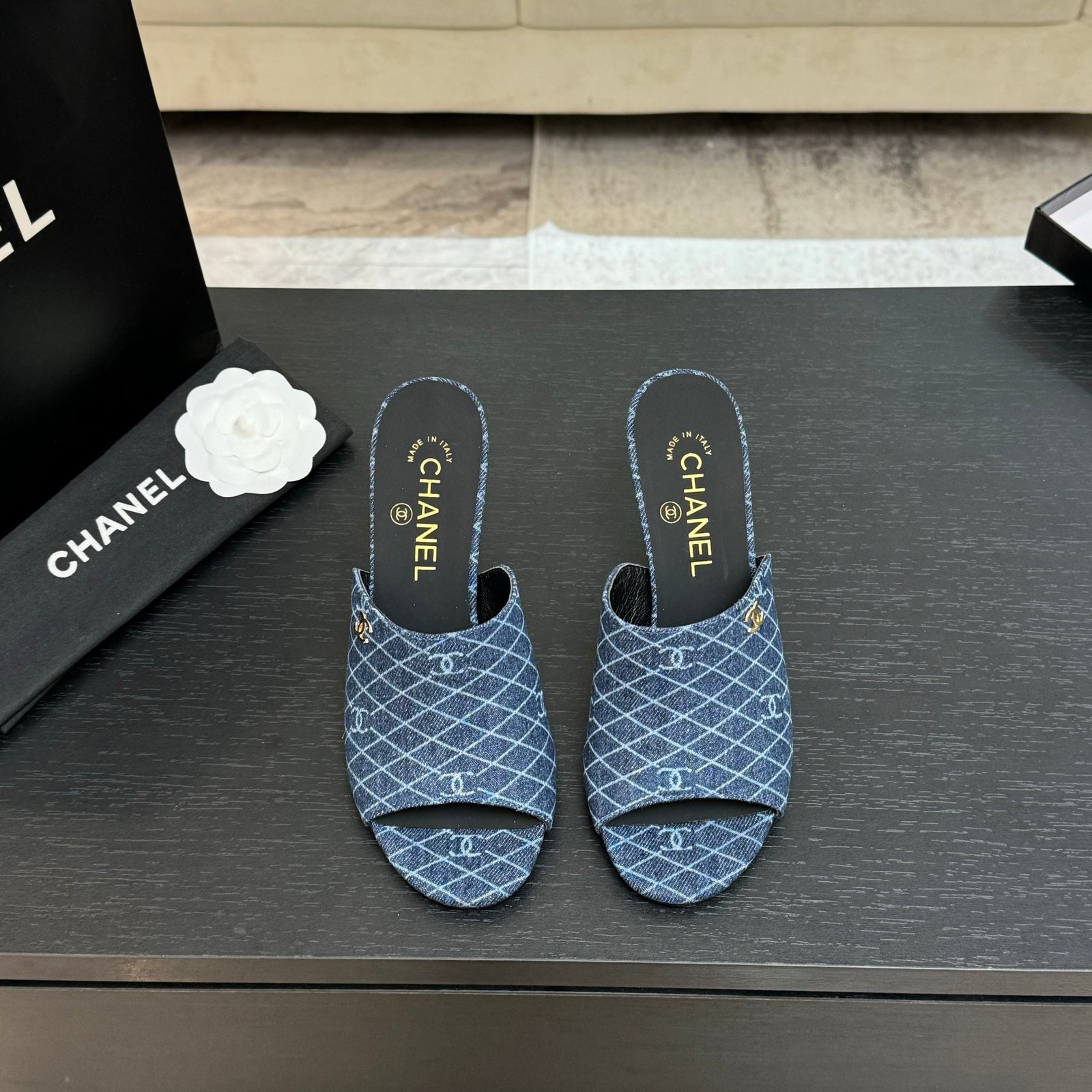 PEEP TOE MULE 85MM IN BLUE DENIM CHECKERED AND LOGO - Image 6