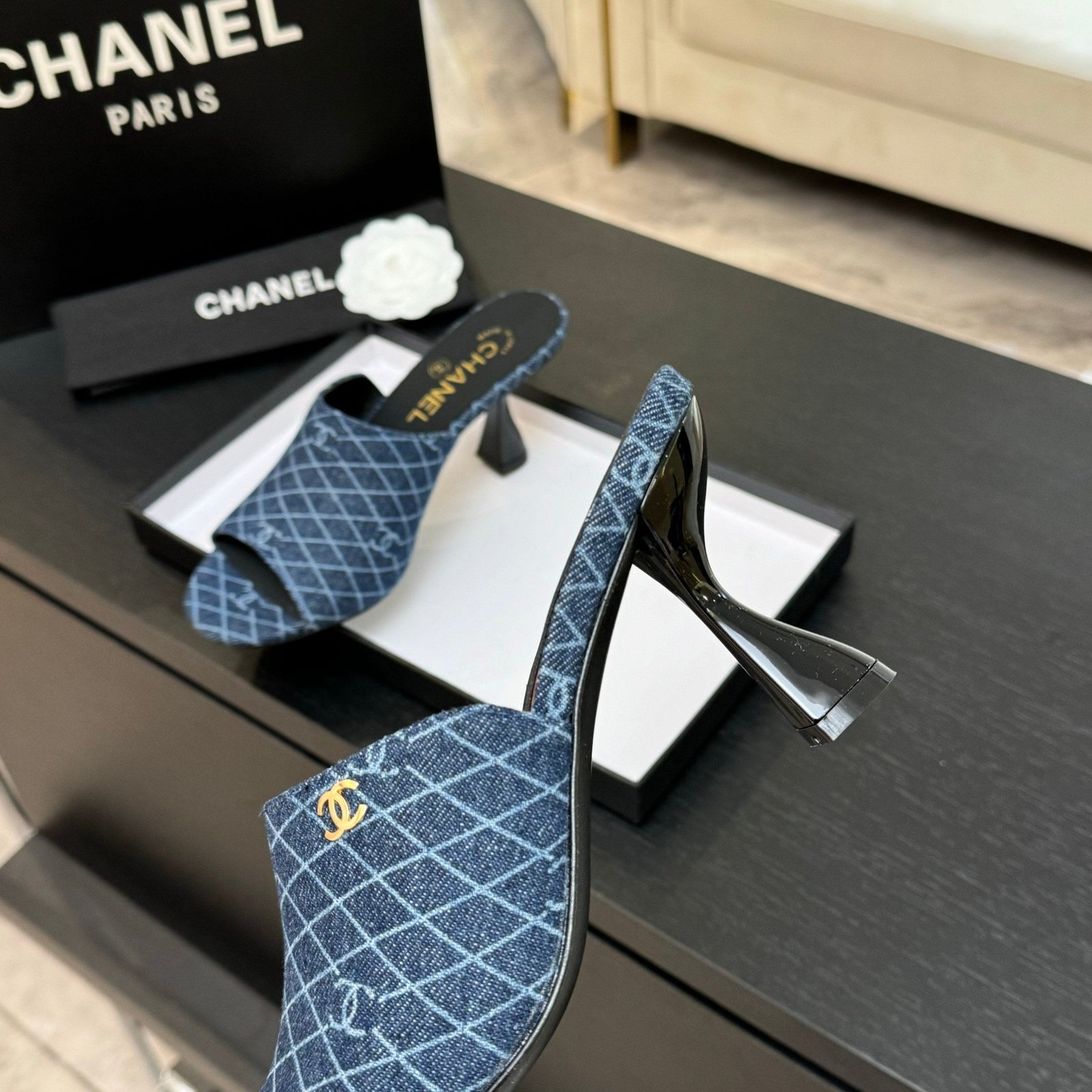 PEEP TOE MULE 85MM IN BLUE DENIM CHECKERED AND LOGO - Image 7