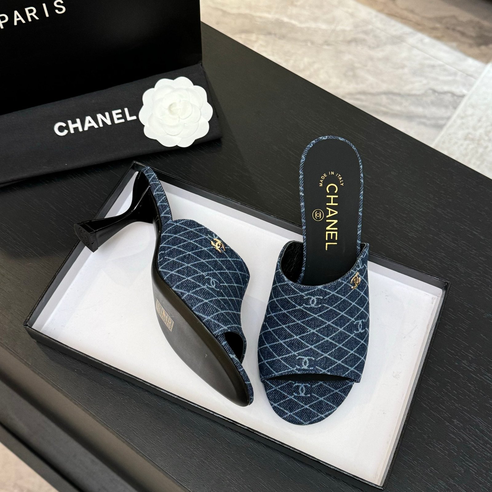 PEEP TOE MULE 85MM IN BLUE DENIM CHECKERED AND LOGO - Image 8