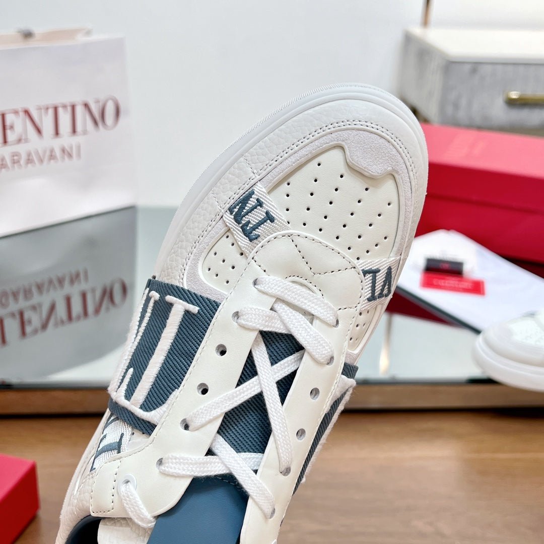 VL7N LOW-TOP WHITE CALFSKIN AND AEGEAN BLUE FABRIC SNEAKER WITH BANDS - Image 7