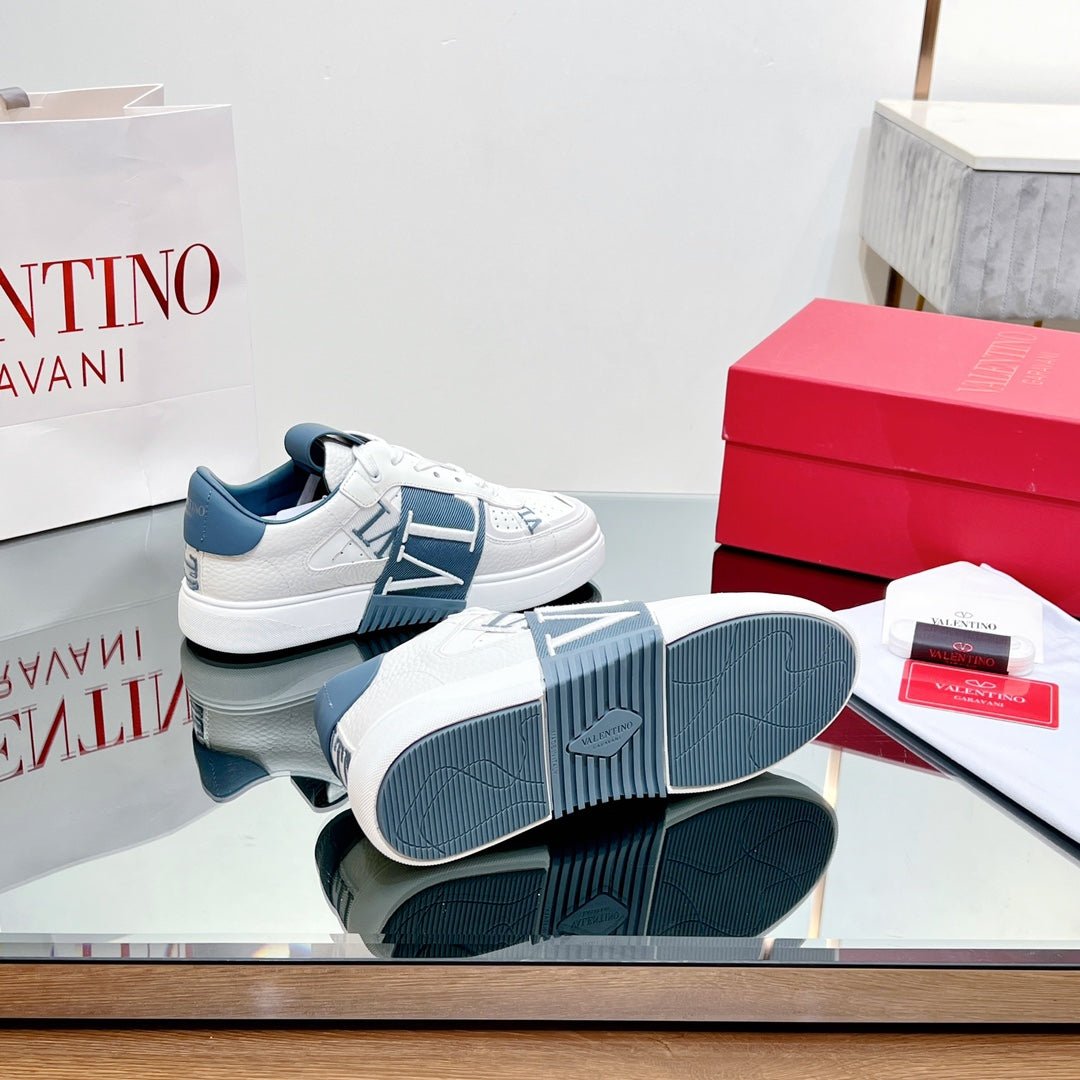 VL7N LOW-TOP WHITE CALFSKIN AND AEGEAN BLUE FABRIC SNEAKER WITH BANDS - Image 9