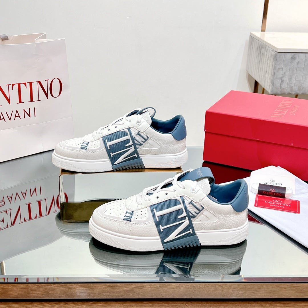 VL7N LOW-TOP WHITE CALFSKIN AND AEGEAN BLUE FABRIC SNEAKER WITH BANDS - Image 2