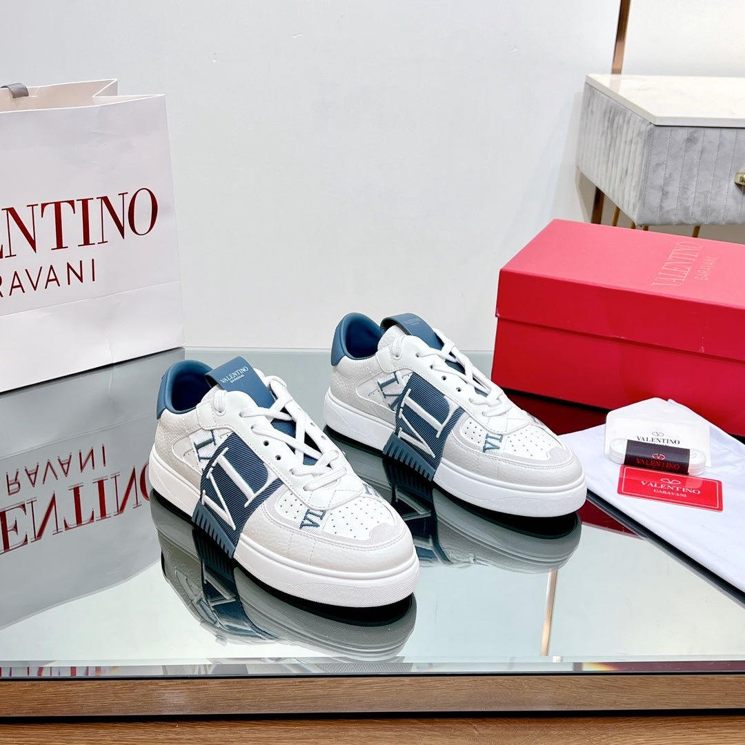 VL7N LOW-TOP WHITE CALFSKIN AND AEGEAN BLUE FABRIC SNEAKER WITH BANDS - Image 4