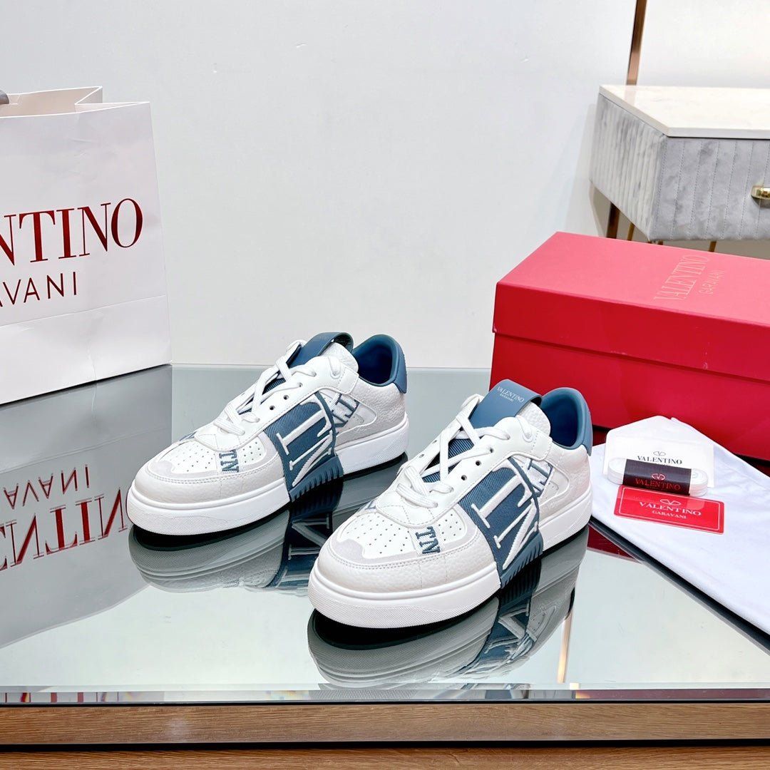 VL7N LOW-TOP WHITE CALFSKIN AND AEGEAN BLUE FABRIC SNEAKER WITH BANDS - Image 3