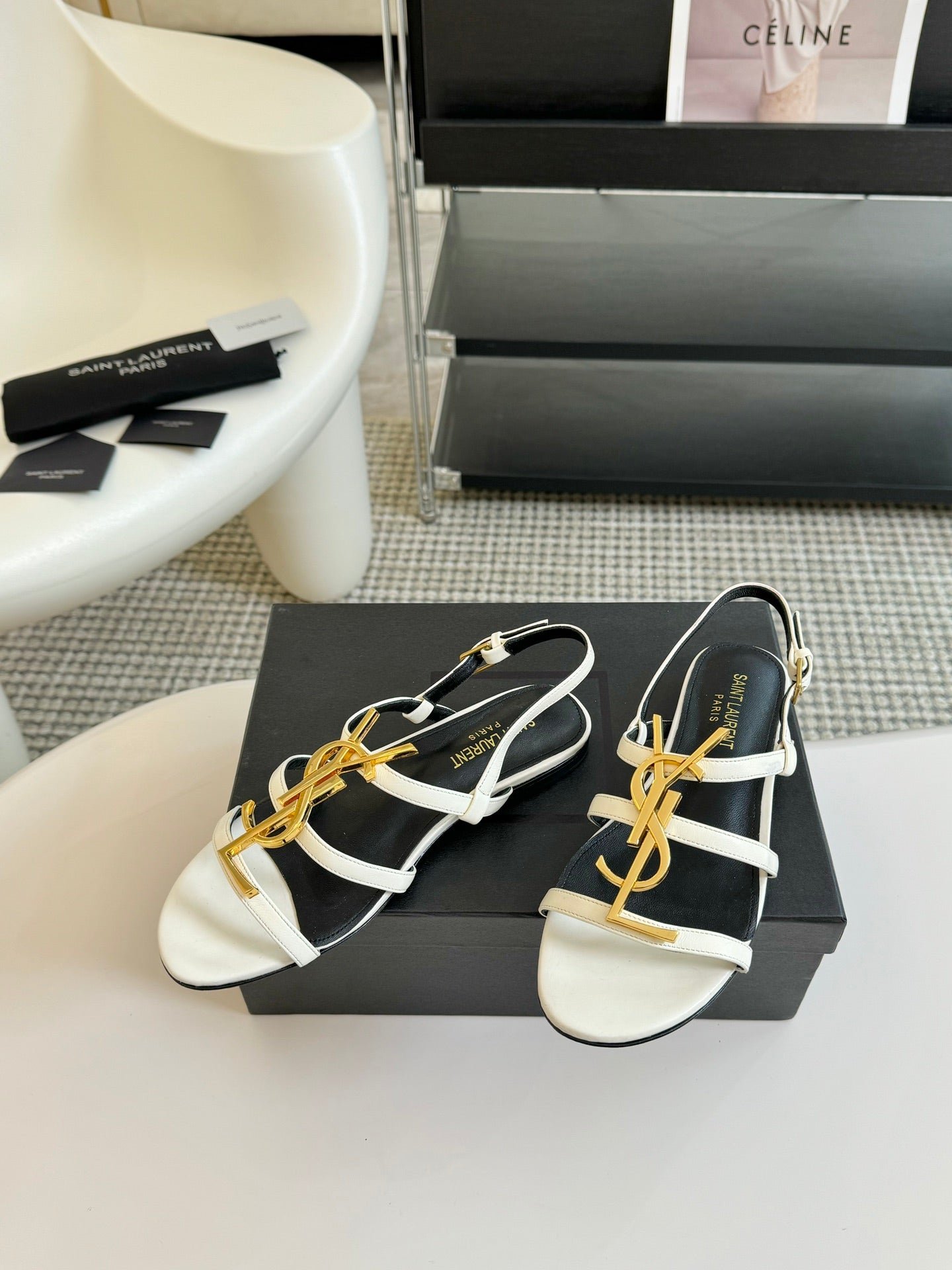 Yves SL Buckle Women Sandals Black White Leather - Image 2
