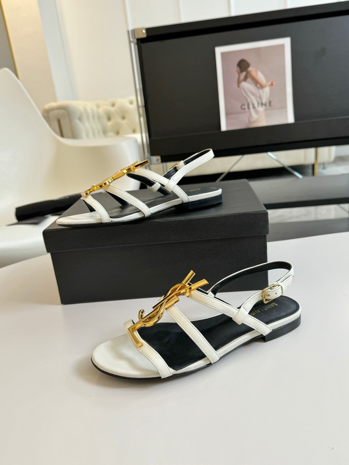Yves SL Buckle Women Sandals Black White Leather - Image 4