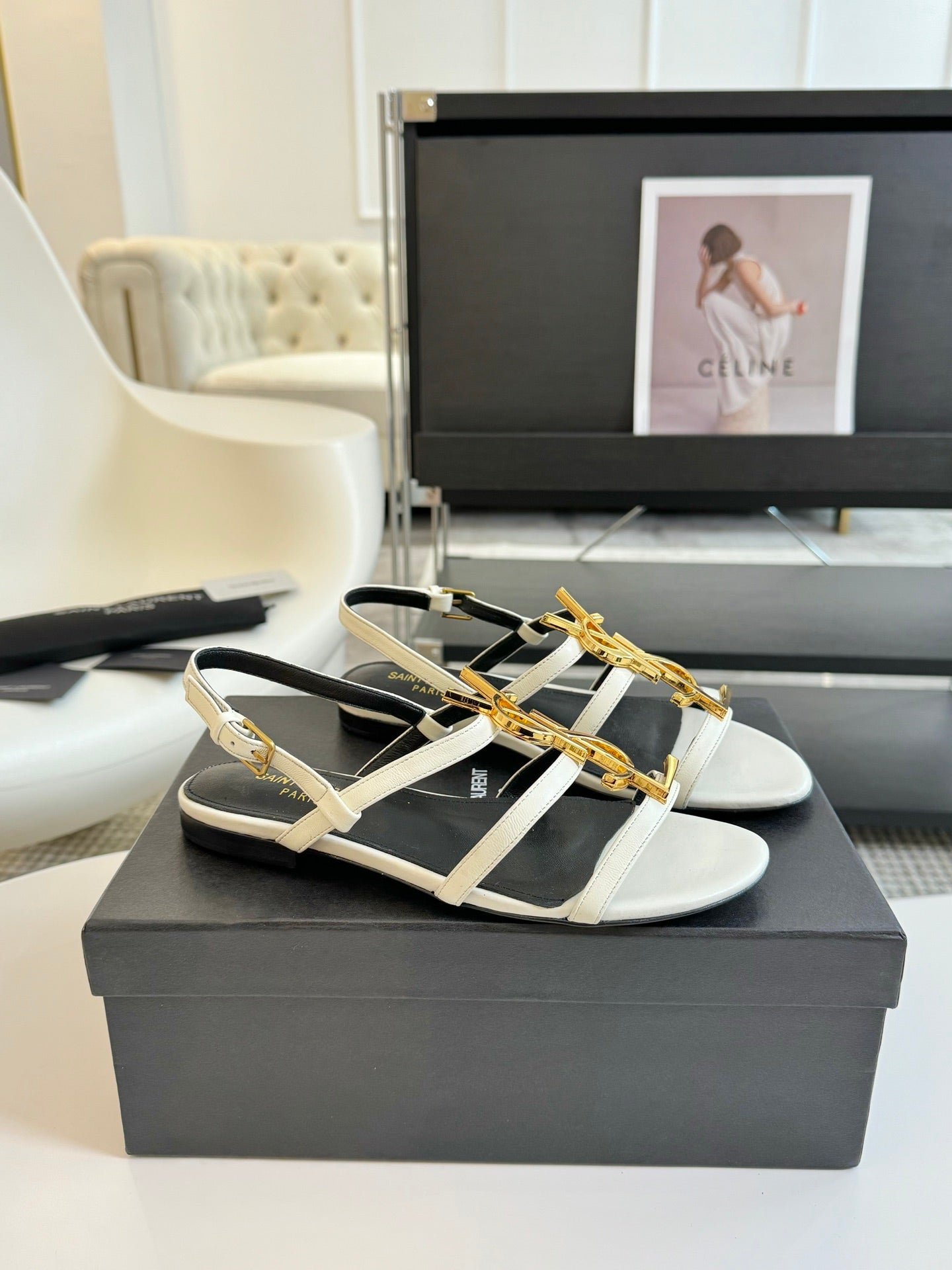 Yves SL Buckle Women Sandals Black White Leather - Image 5
