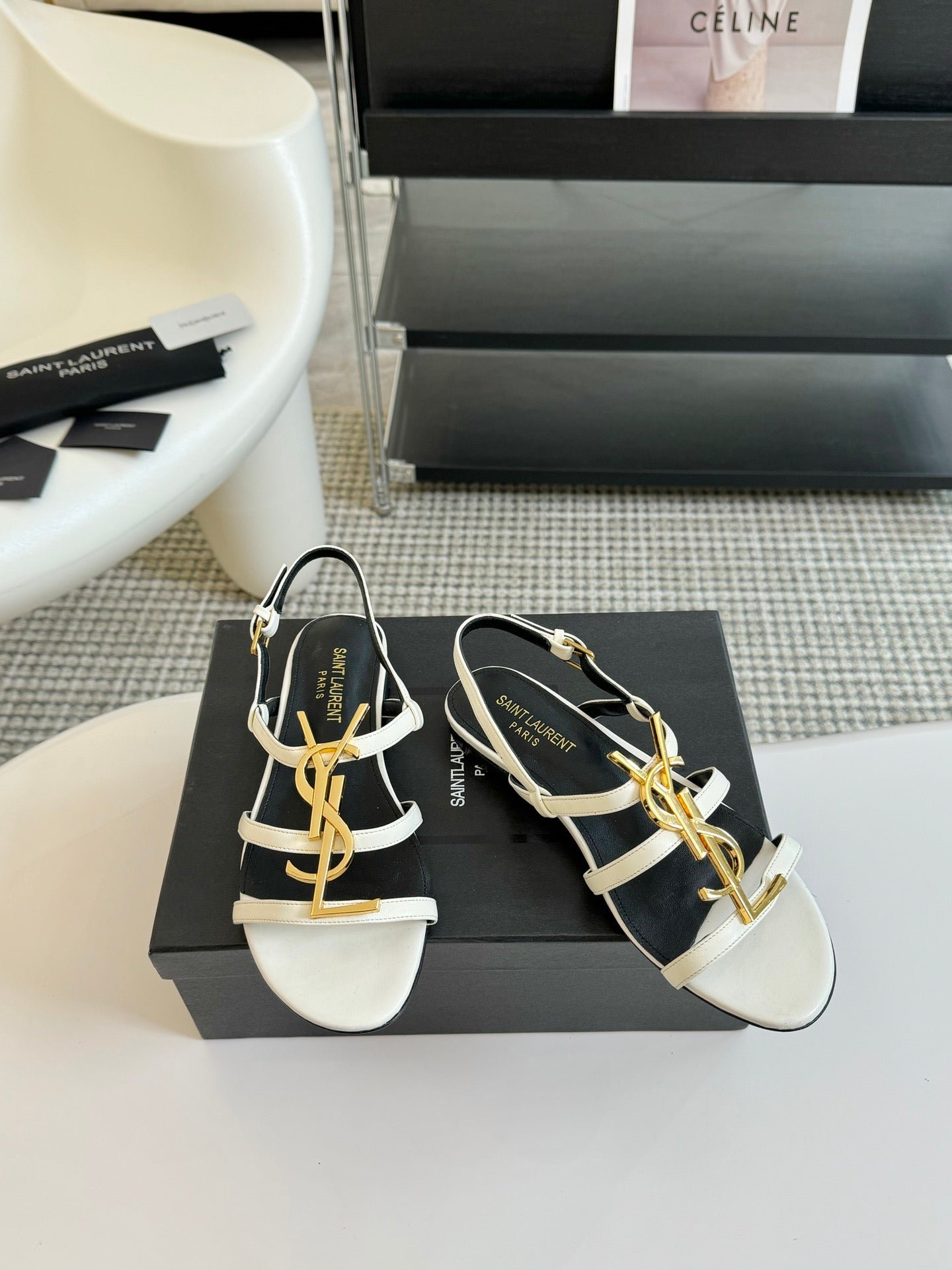 Yves SL Buckle Women Sandals Black White Leather - Image 3