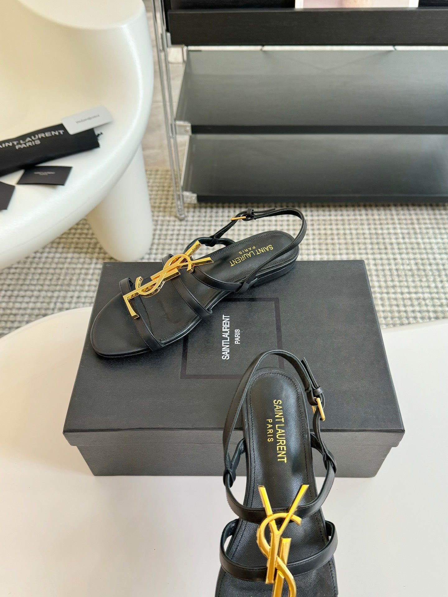 Yves SL Buckle Women Sandals Black Leather - Image 6