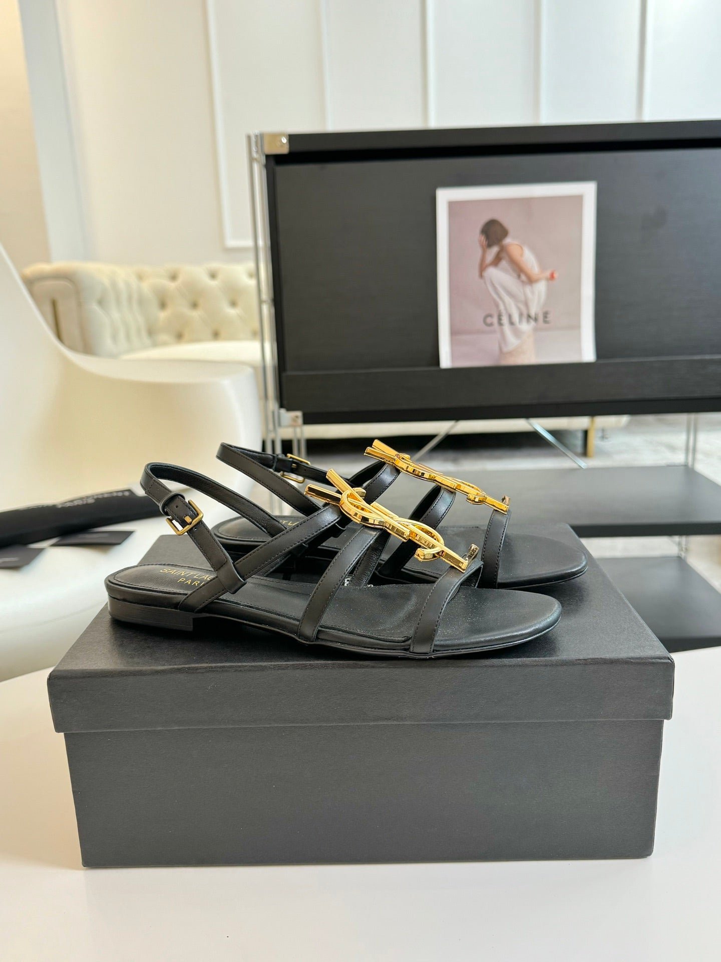 Yves SL Buckle Women Sandals Black Leather - Image 5