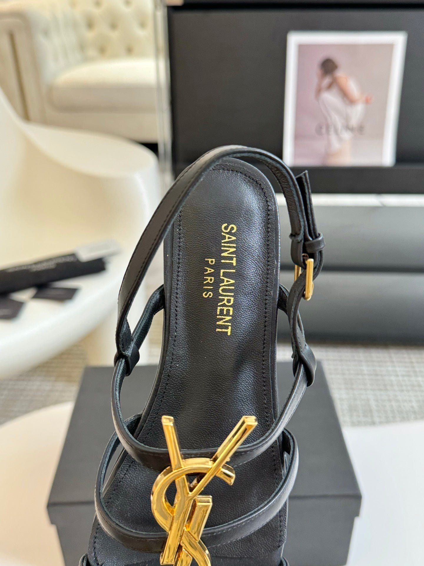 Yves SL Buckle Women Sandals Black Leather - Image 7