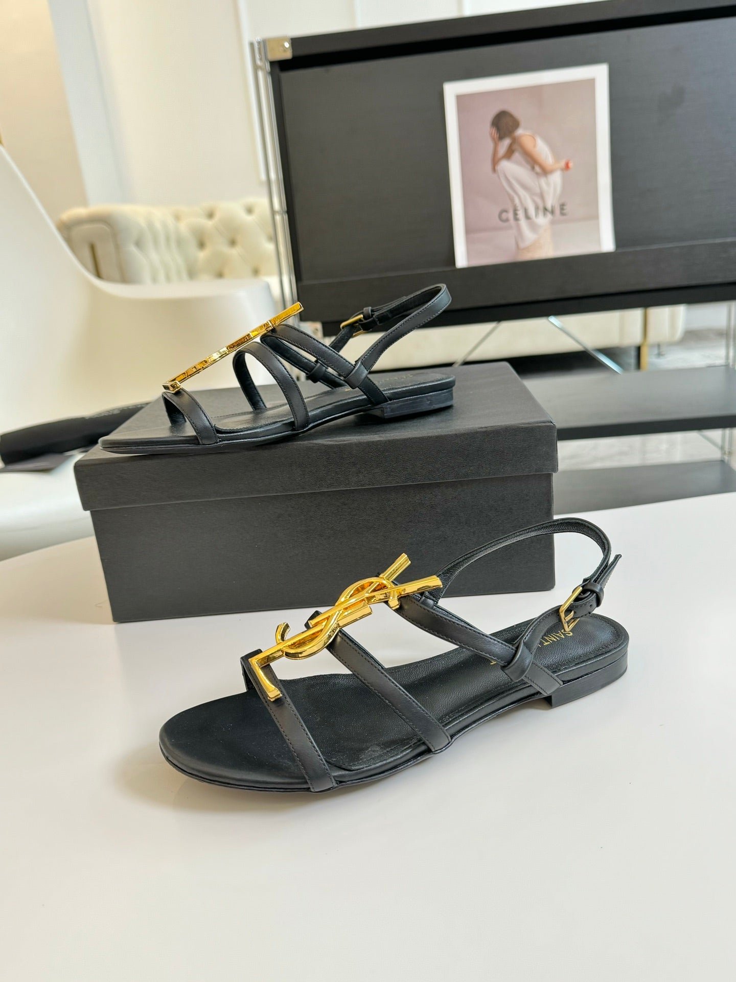 Yves SL Buckle Women Sandals Black Leather - Image 4