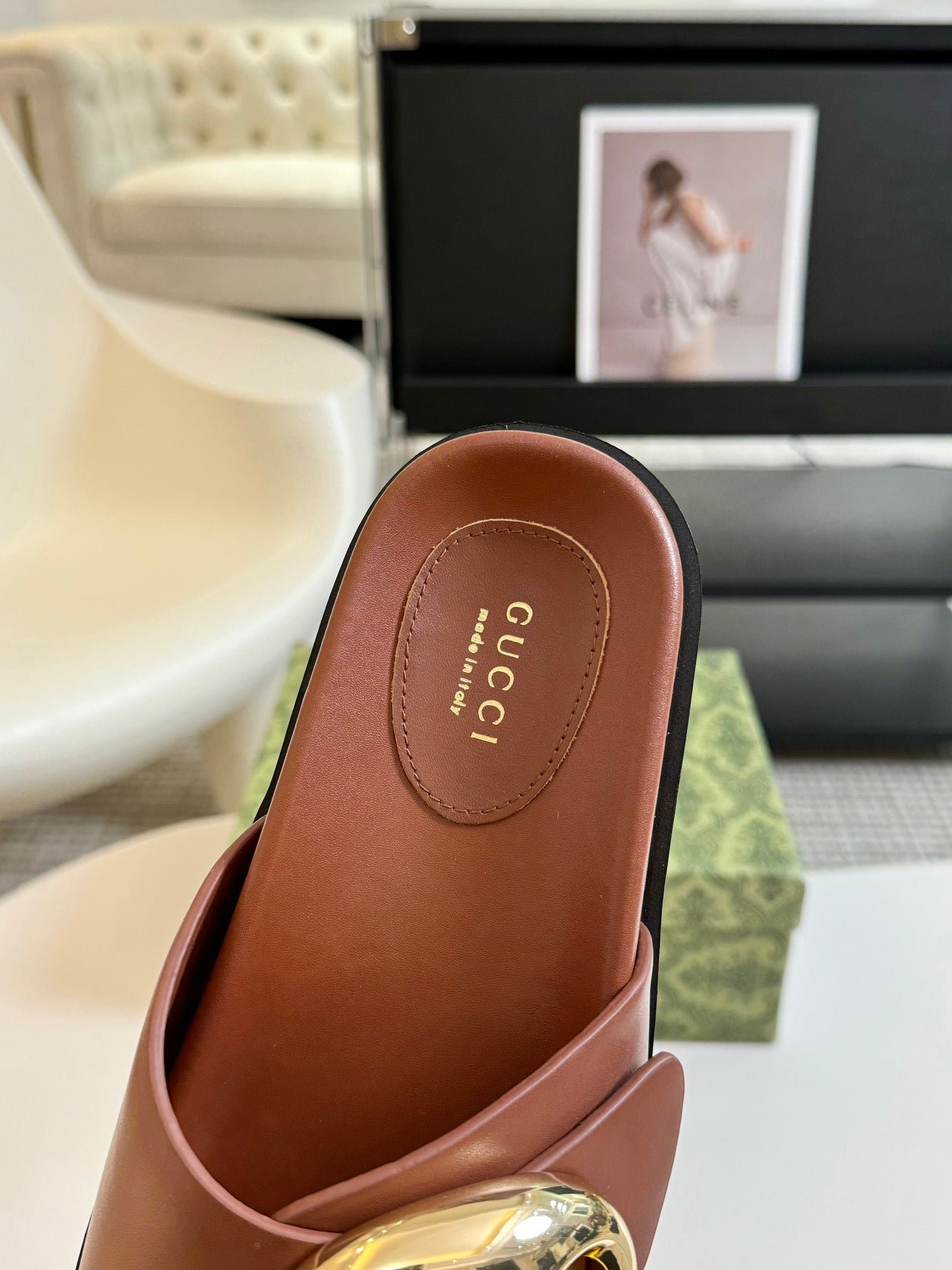 WOMEN'S SLIPPER IN BRONZE BROWN CALFSKIN WITH GOLD HARDWARE - Image 8