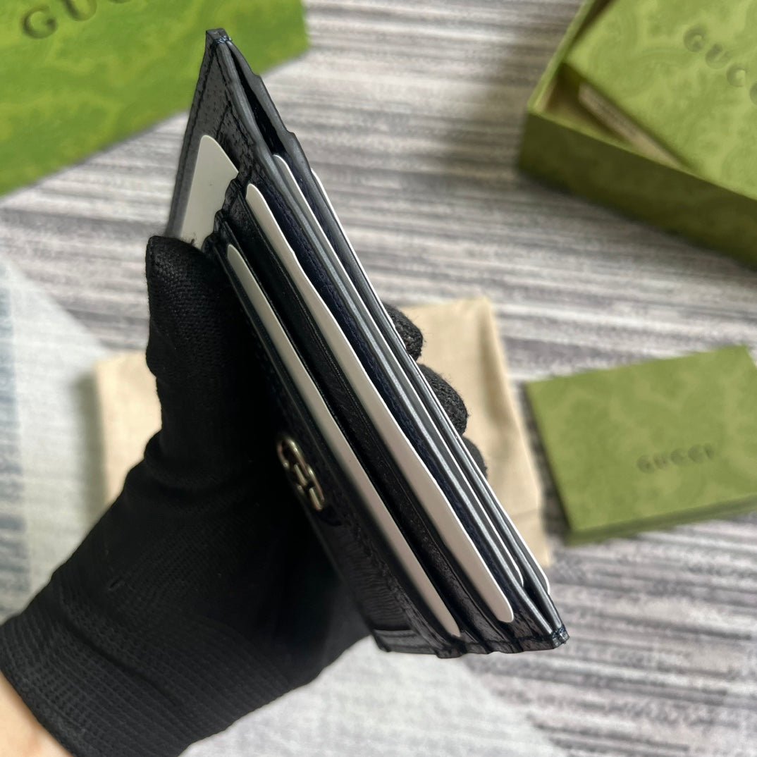 OPHIDIA GG 11 CARD CASE DARK BLUE CANVAS AND BLACK CALFSKIN - Image 6