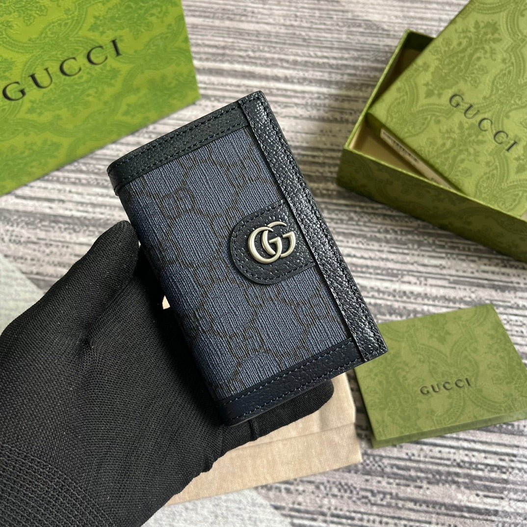 OPHIDIA GG 12 CARD CASE DARK BLUE CANVAS AND BLACK CALFSKIN - Image 8