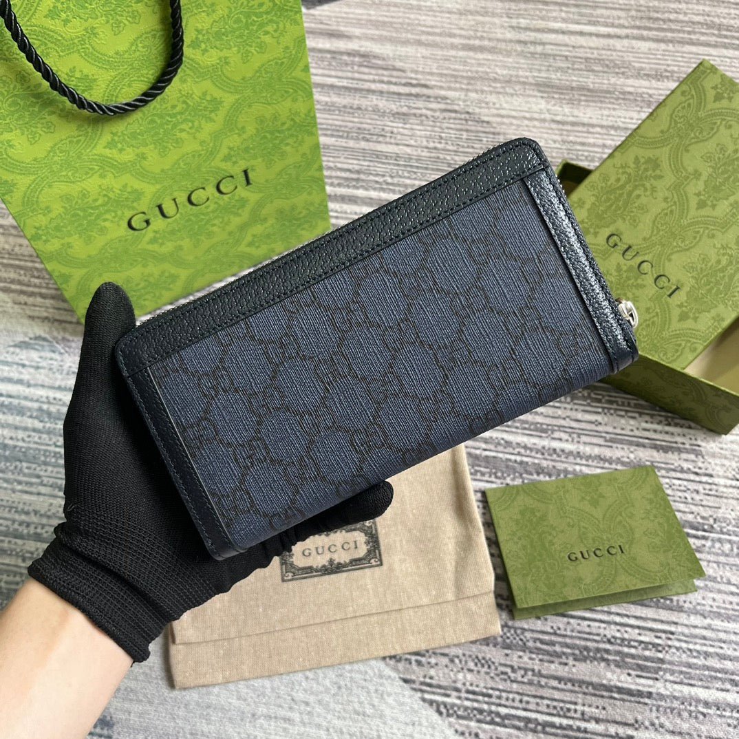 OPHIDIA GG 19 ZIP AROUND WALLET DARK BLUE CANVAS AND BLACK CALFSKIN - Image 2