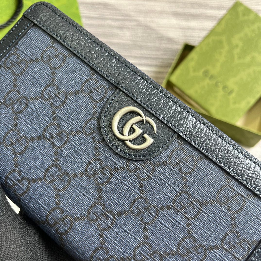 OPHIDIA GG 19 ZIP AROUND WALLET DARK BLUE CANVAS AND BLACK CALFSKIN - Image 5
