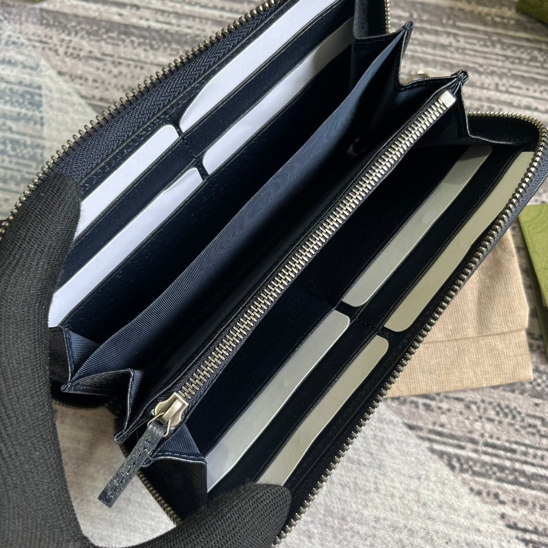 OPHIDIA GG 19 ZIP AROUND WALLET DARK BLUE CANVAS AND BLACK CALFSKIN - Image 9