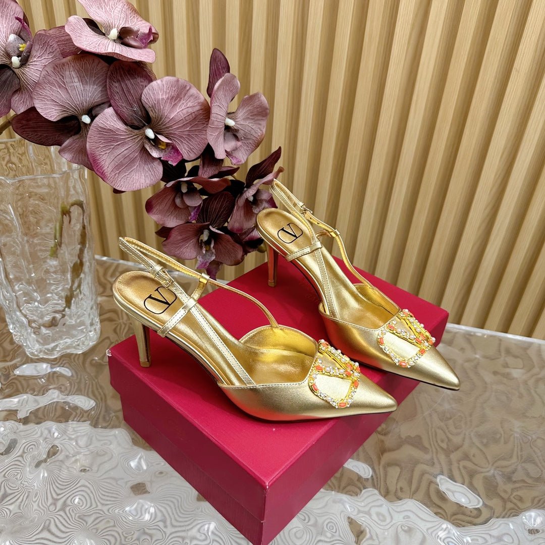 VLOGO SIGNATURE SLINGBACK PUMP 80 MM IN GOLD CALFSKIN - Image 7