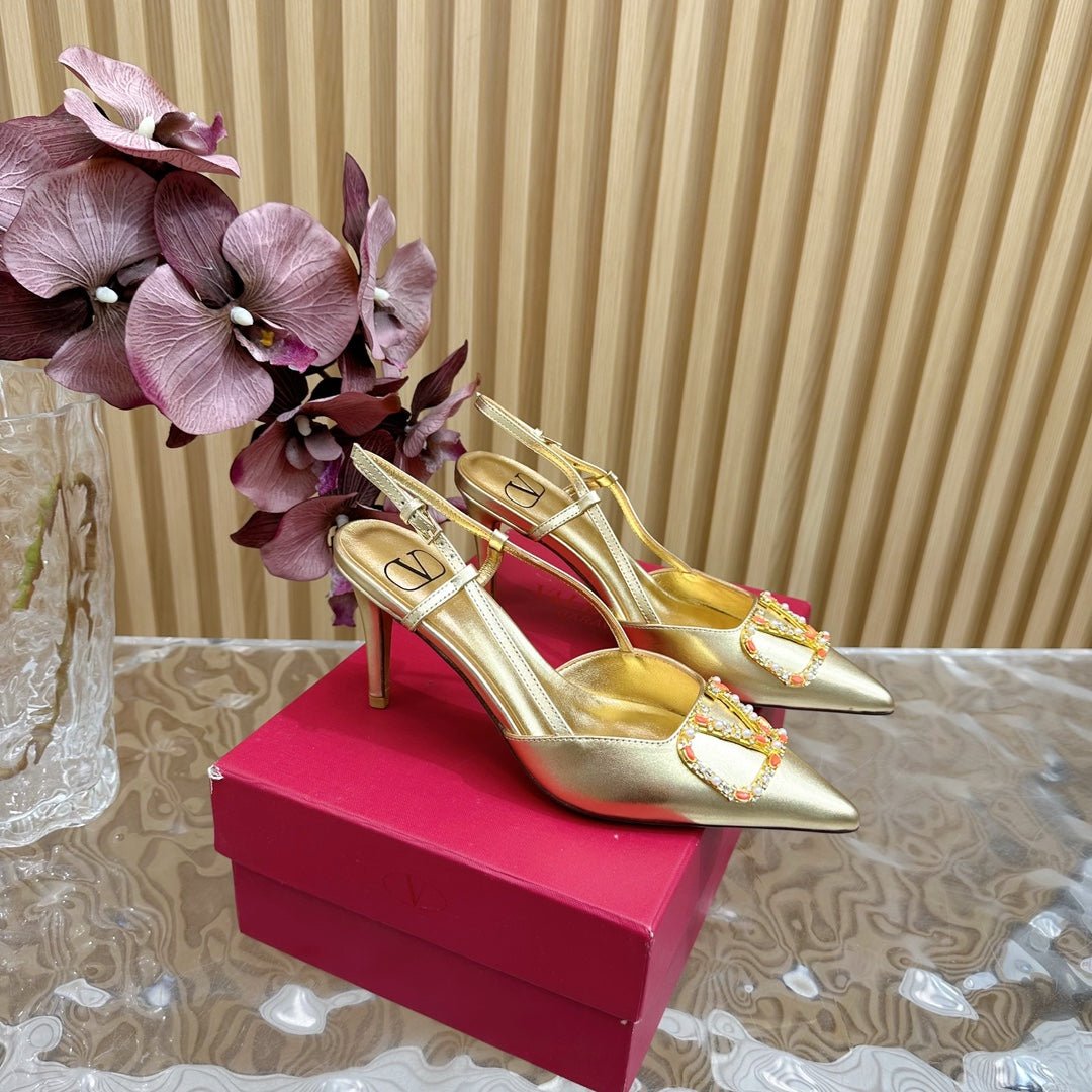 VLOGO SIGNATURE SLINGBACK PUMP 80 MM IN GOLD CALFSKIN - Image 3