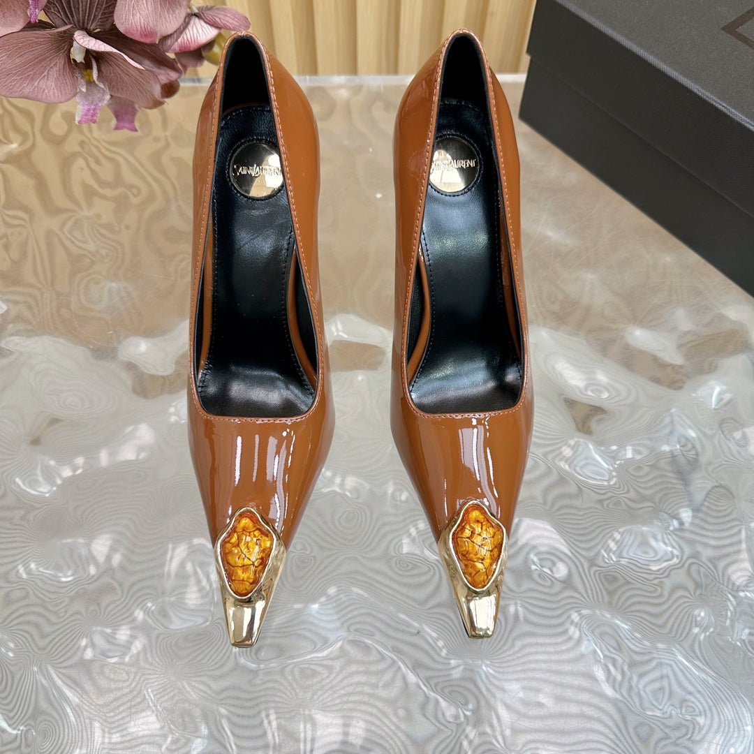 ORANGE GEM-STUDDED HIGH PUMPS IN BRONZE BROWN PATENT CALFSKIN - Image 8