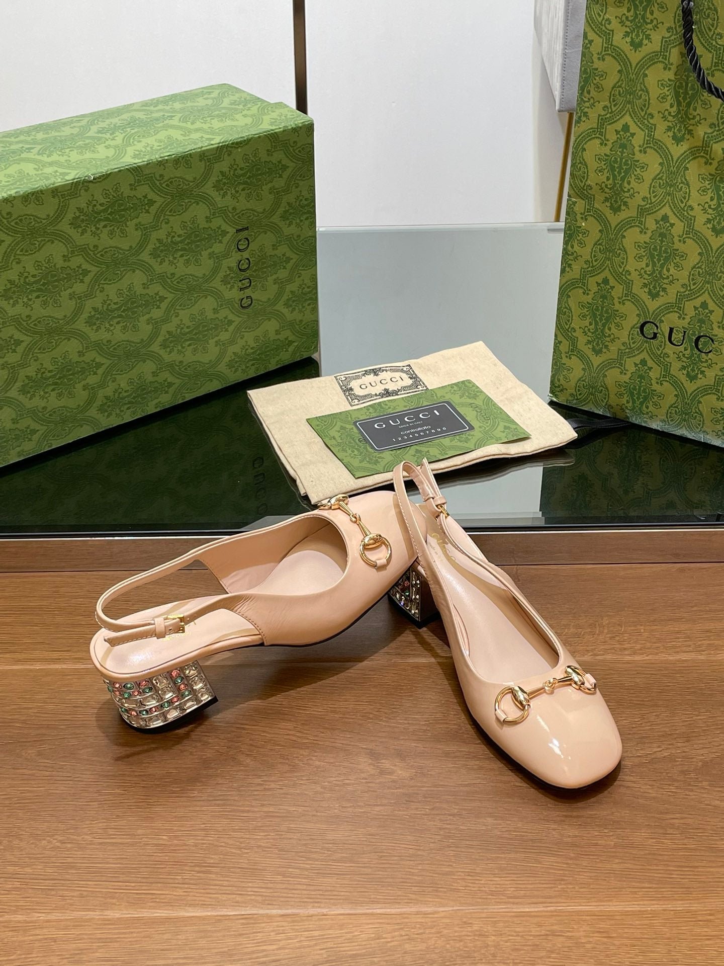 WOMEN'S HORSEBIT SLINGBACK 55MM IN TAN BEIGE CALFSKIN WITH RHINSTONES - Image 5