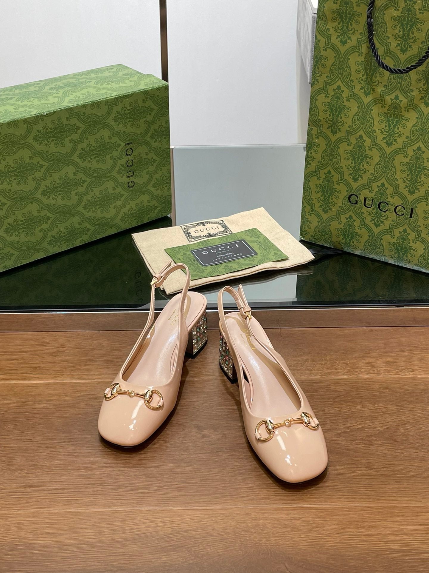WOMEN'S HORSEBIT SLINGBACK 55MM IN TAN BEIGE CALFSKIN WITH RHINSTONES - Image 4