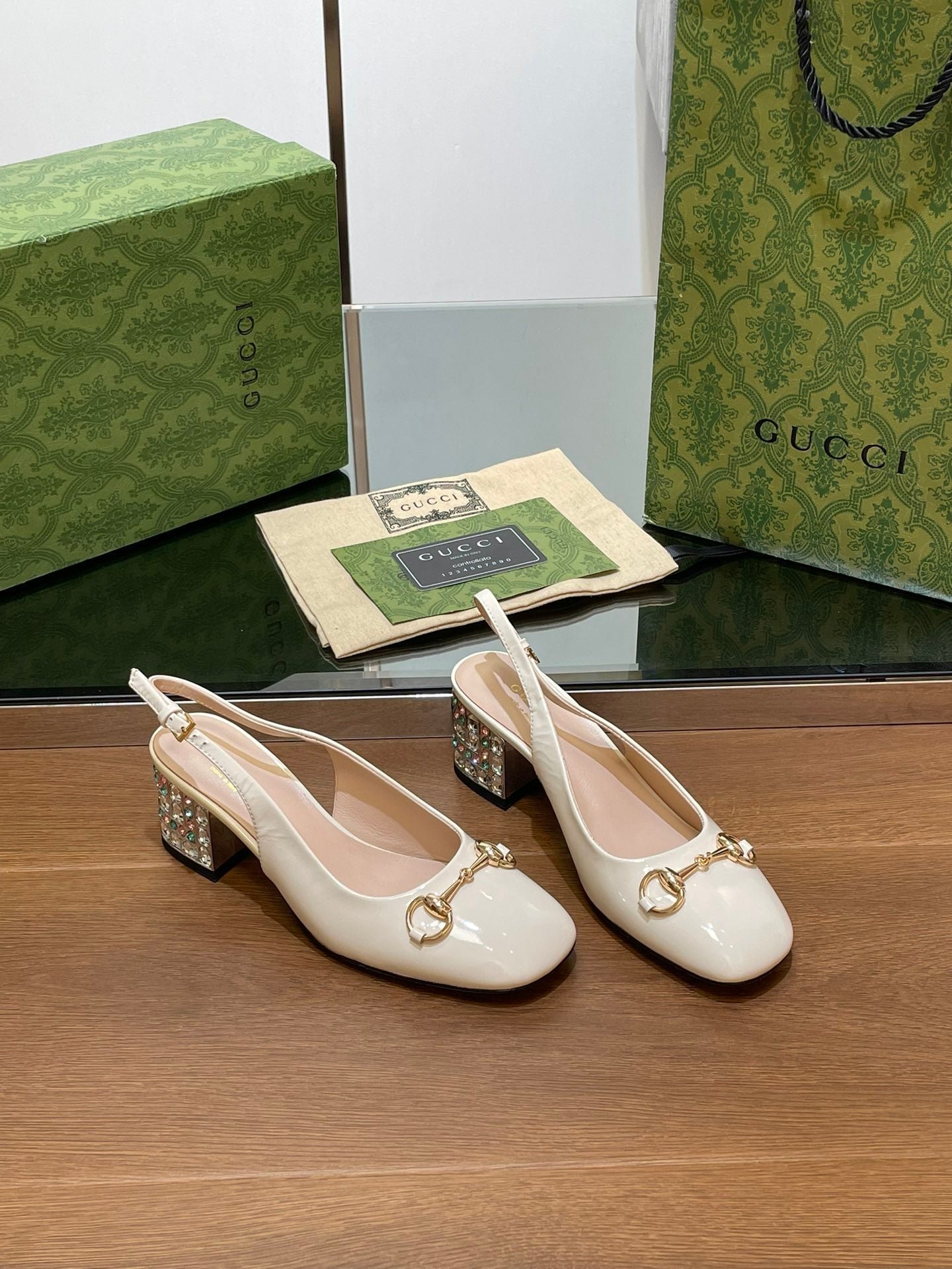 WOMEN'S HORSEBIT SLINGBACK 55MM IN WHITE CALFSKIN WITH RHINSTONES - Image 2