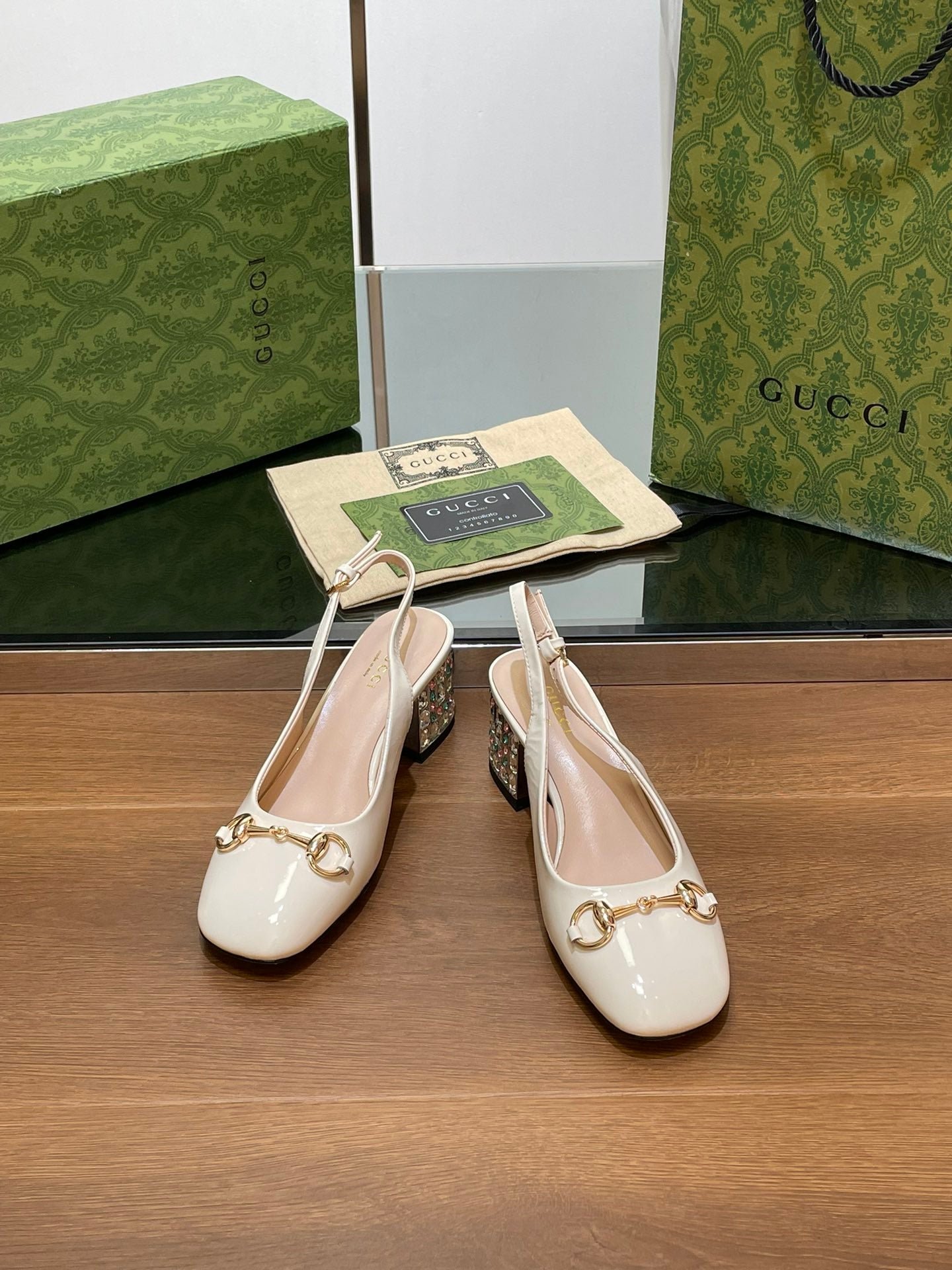 WOMEN'S HORSEBIT SLINGBACK 55MM IN WHITE CALFSKIN WITH RHINSTONES - Image 4
